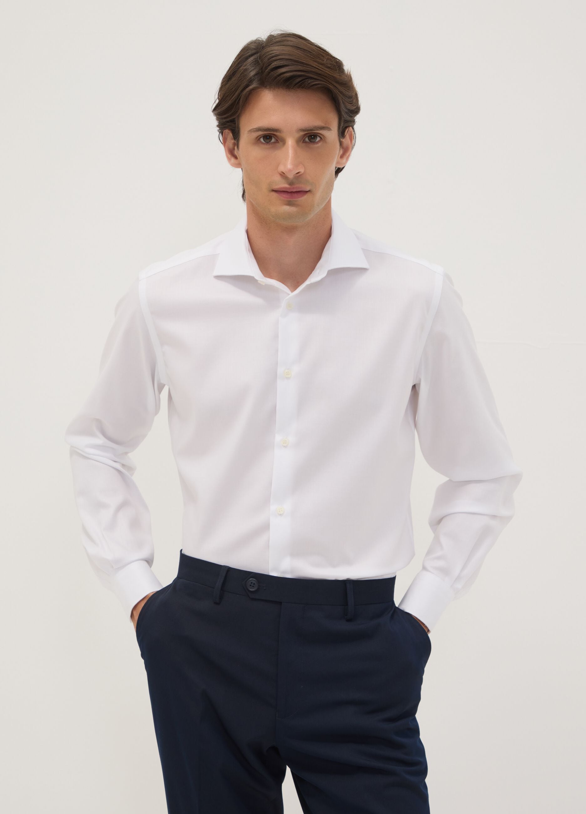 White slim-fit pure cotton twill shirt with French collar, non-iron