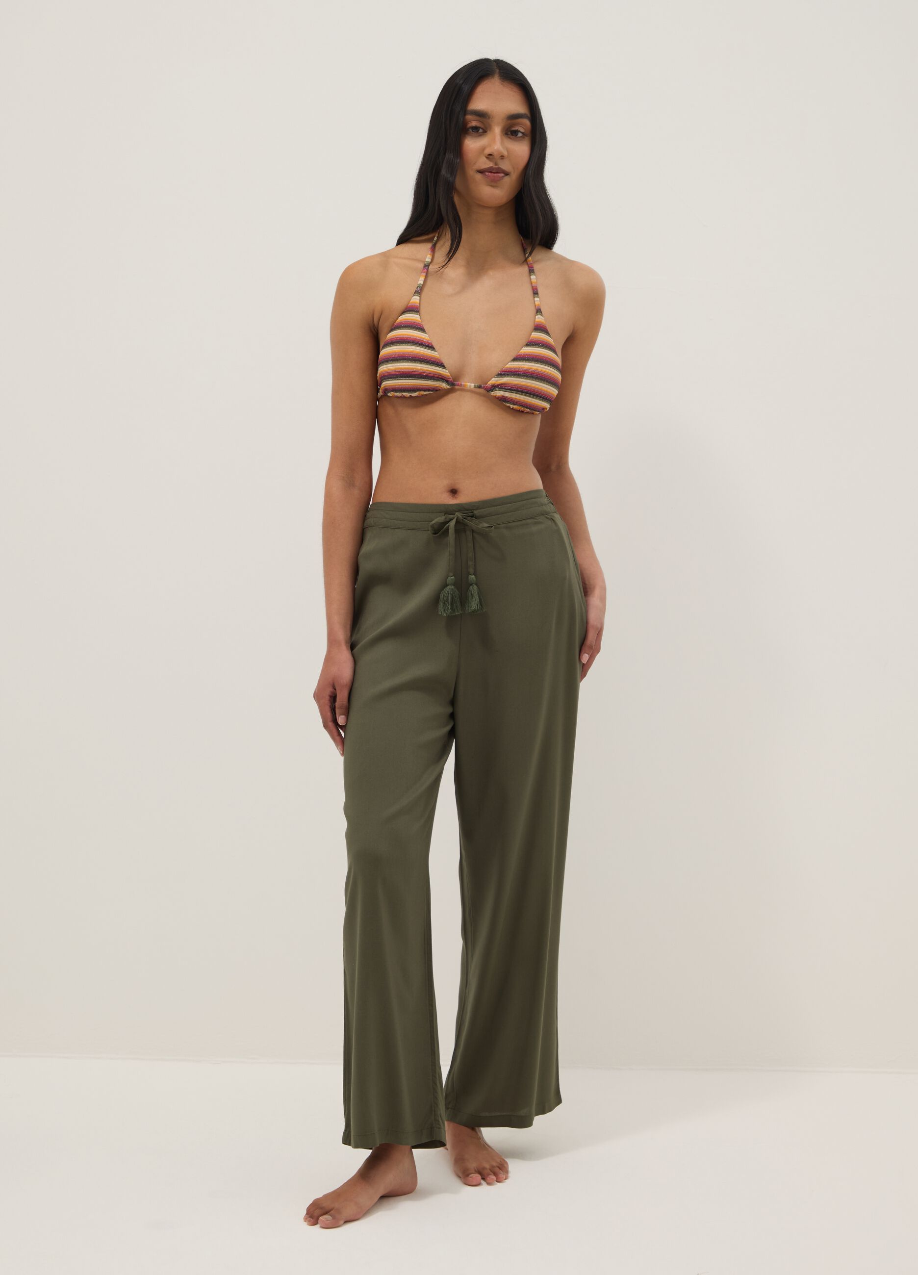 Green long pure viscose trousers