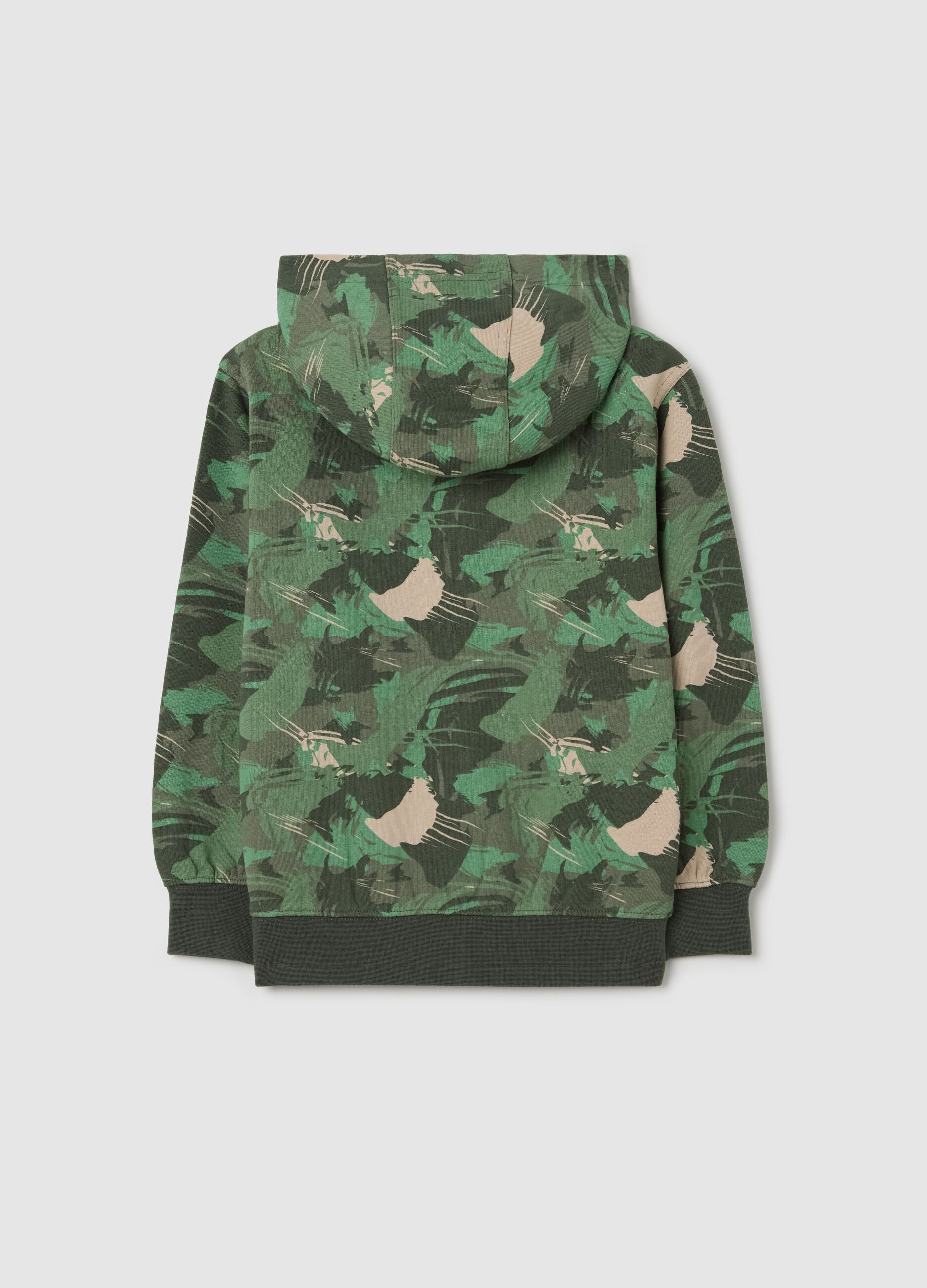 Green full-zip sweatshirt in camouflage French terry with hood