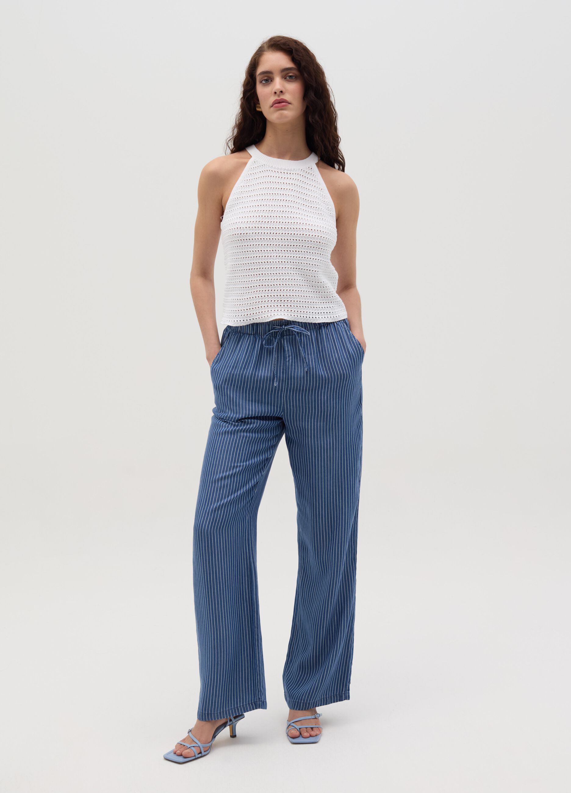 Denim-effect wide-leg fluid joggers