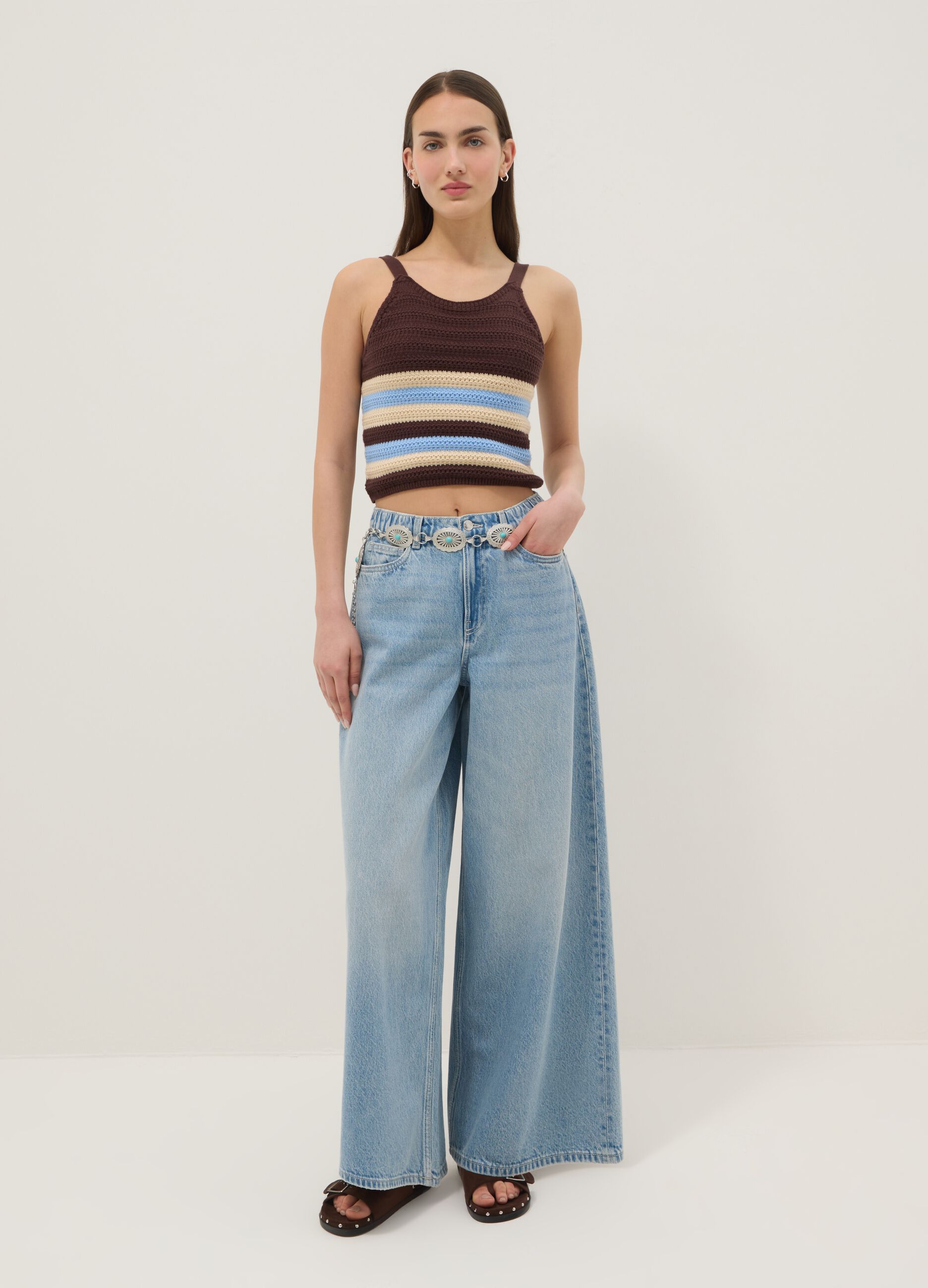 Multicolour striped pure cotton fitted knitted top