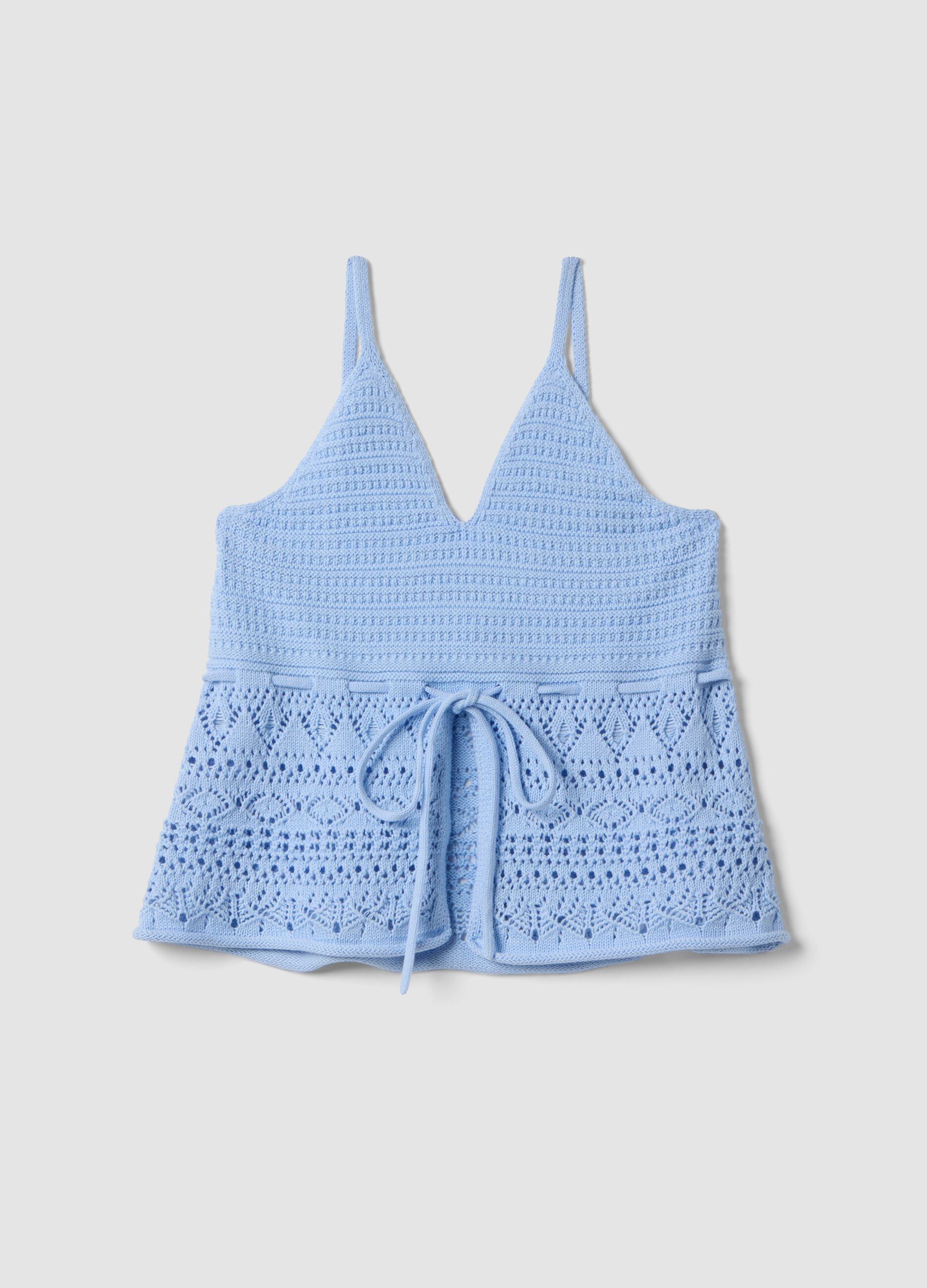 Top in crochet di puro cotone azzurro regular fit