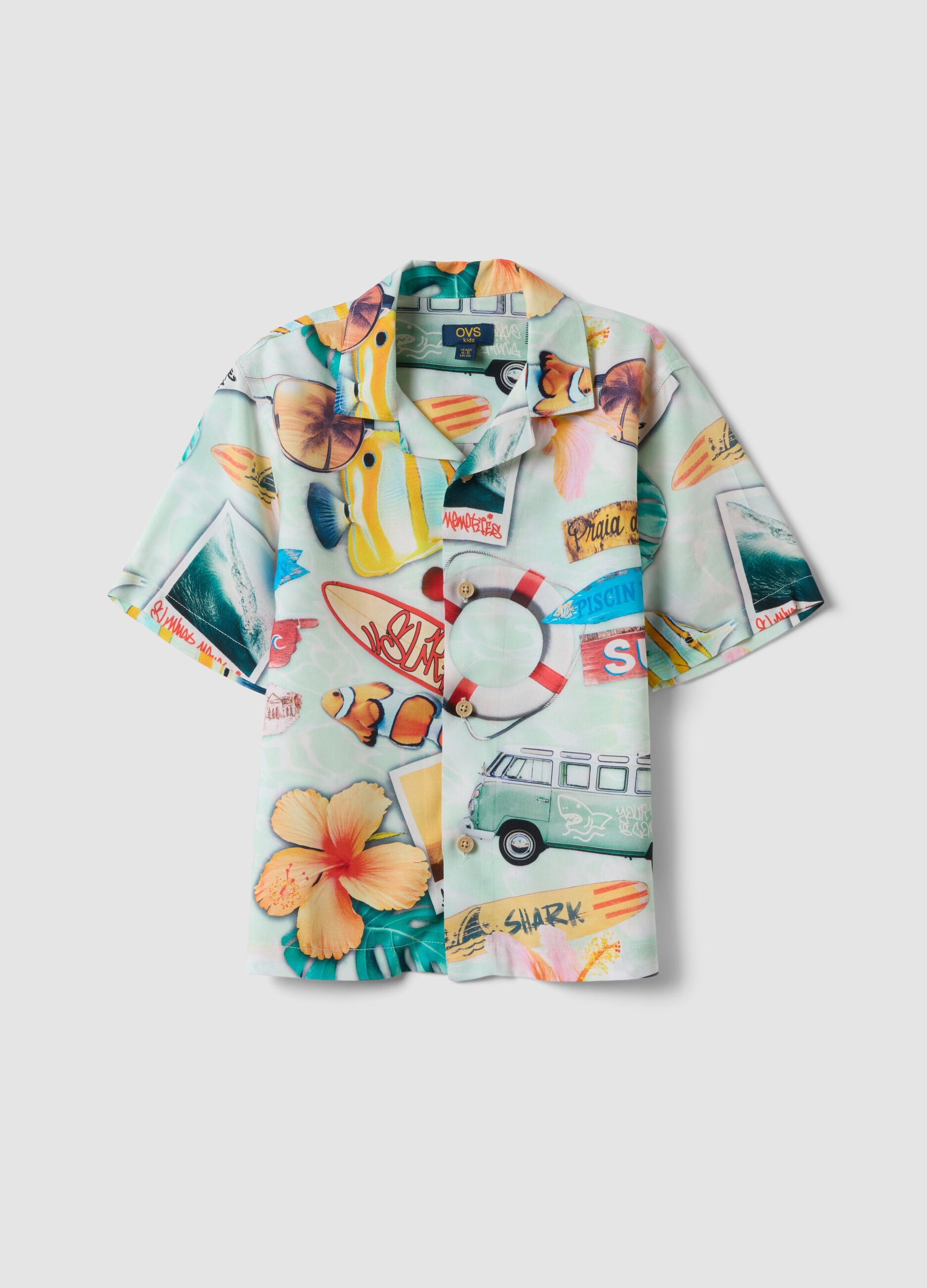 Multicolour pure viscose short-sleeved shirt