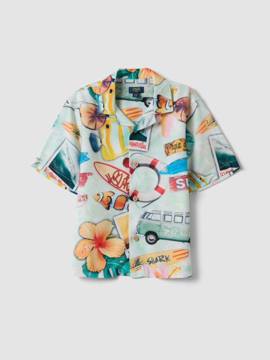Multicolour pure viscose short-sleeved shirt_0