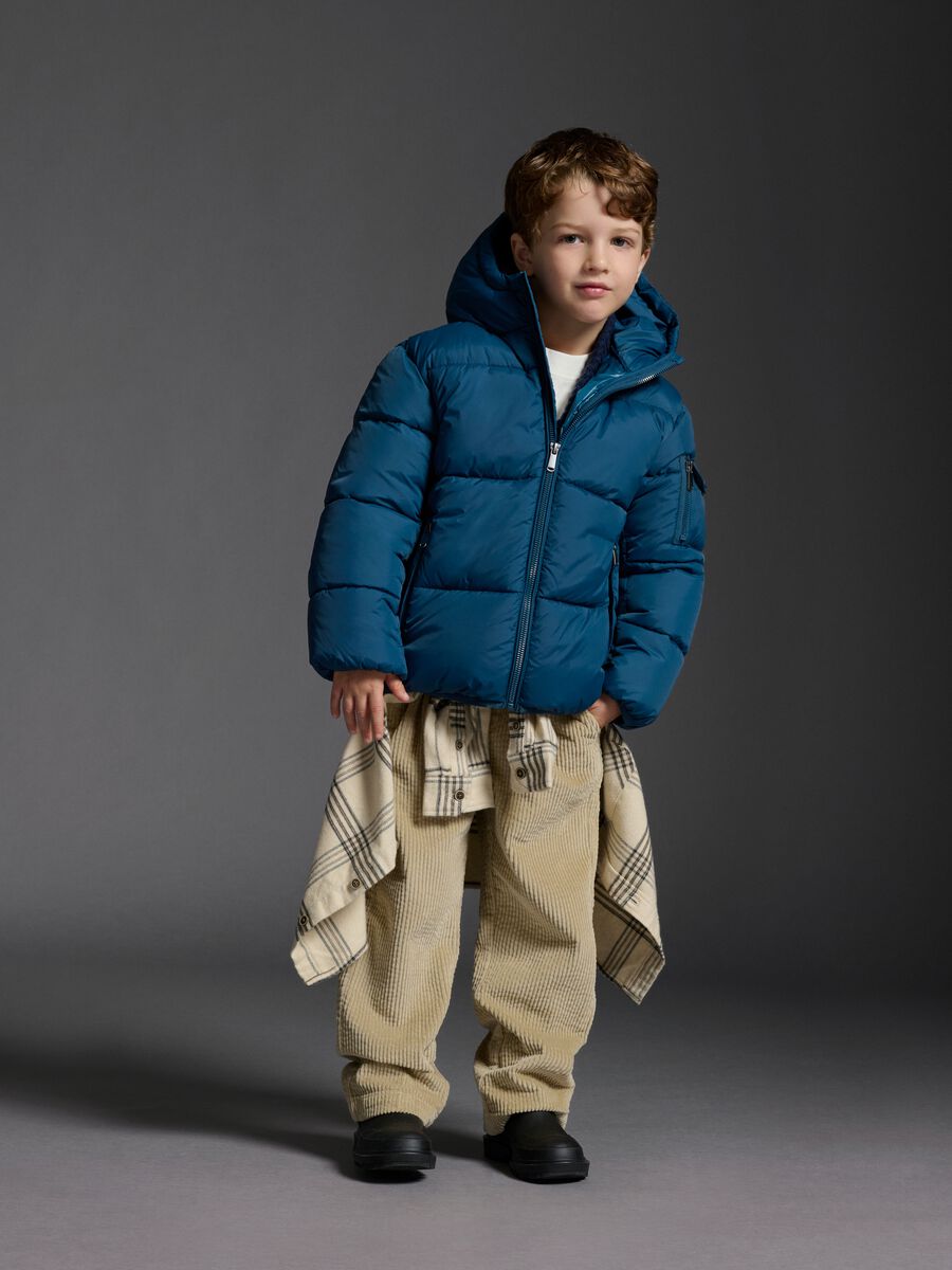 Petrol Blue Iconic Puffer Jacket for Kids with Hood_0