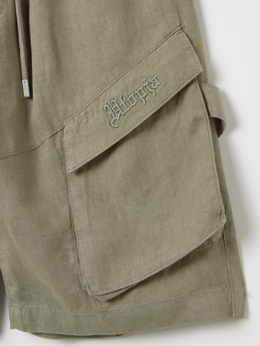 100% Linen Cargo Shorts Military Green_7