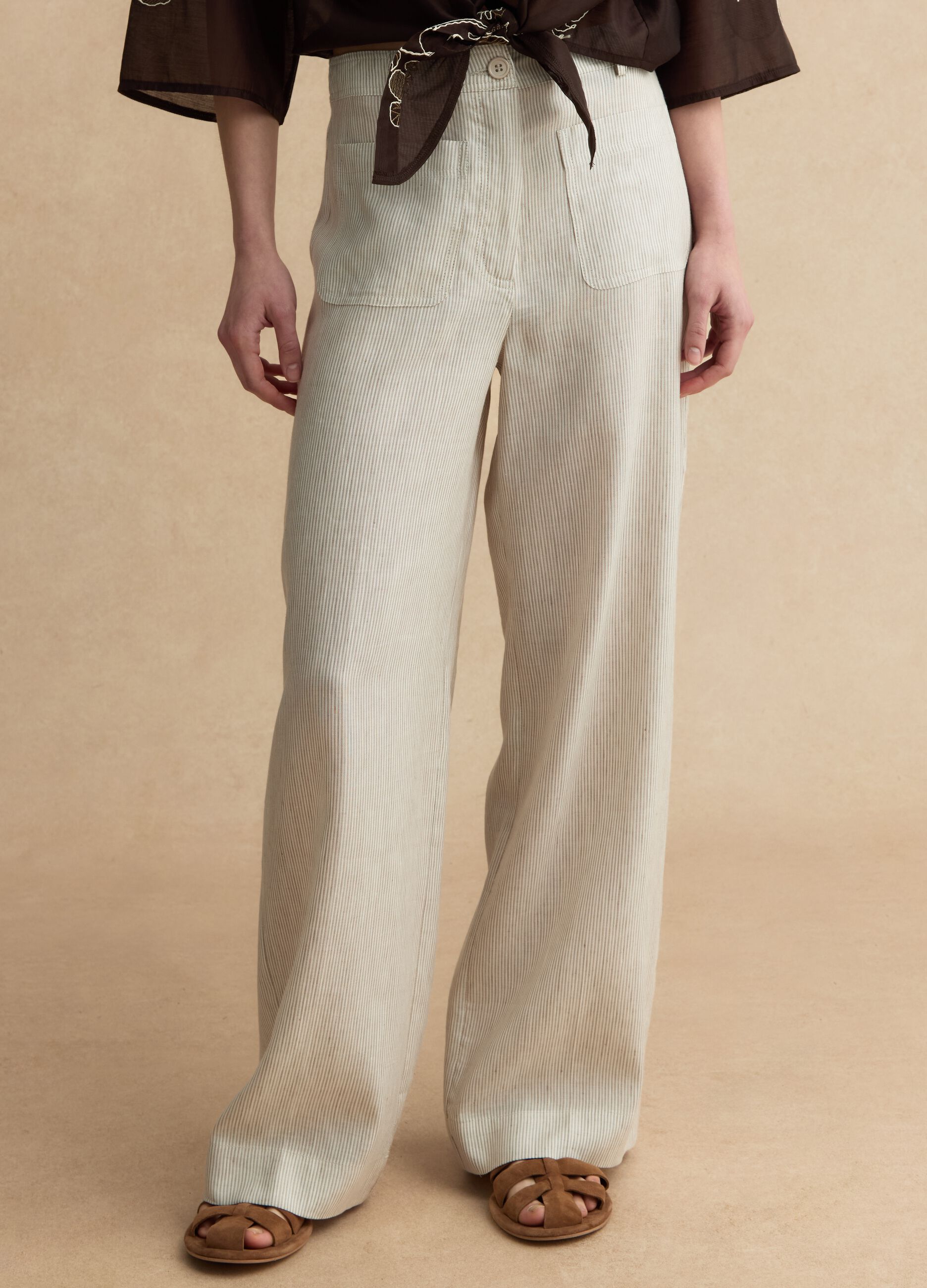 Wide-leg trousers in multicolour striped lyocell linen blend
