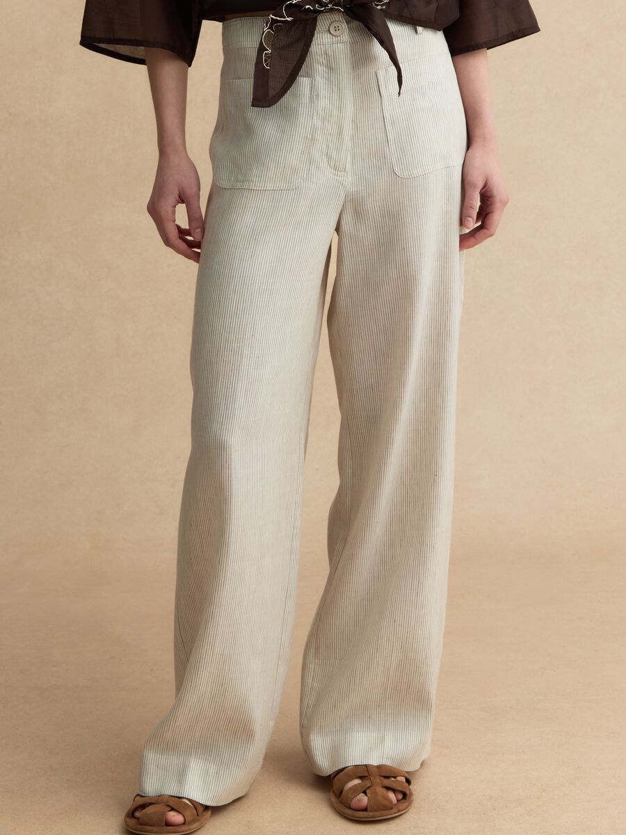 Pantaloni wide leg in misto lyocell e lino a righe multicolor_1