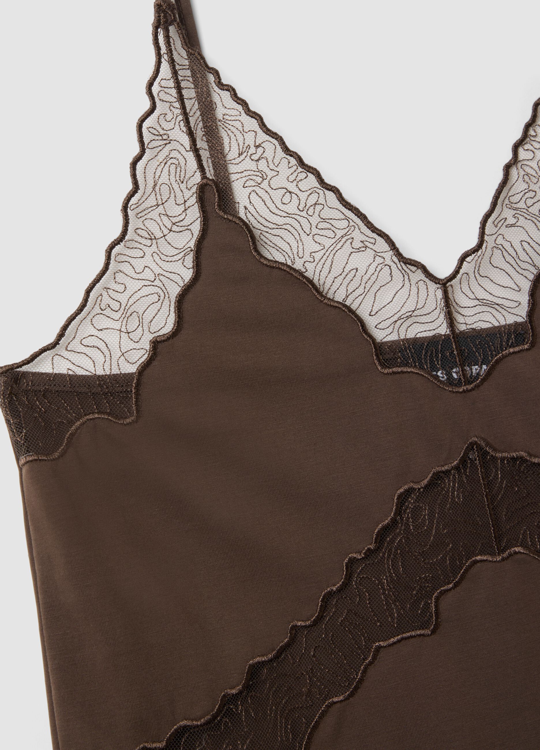Brown regular fit viscose blend tank top with transparent details