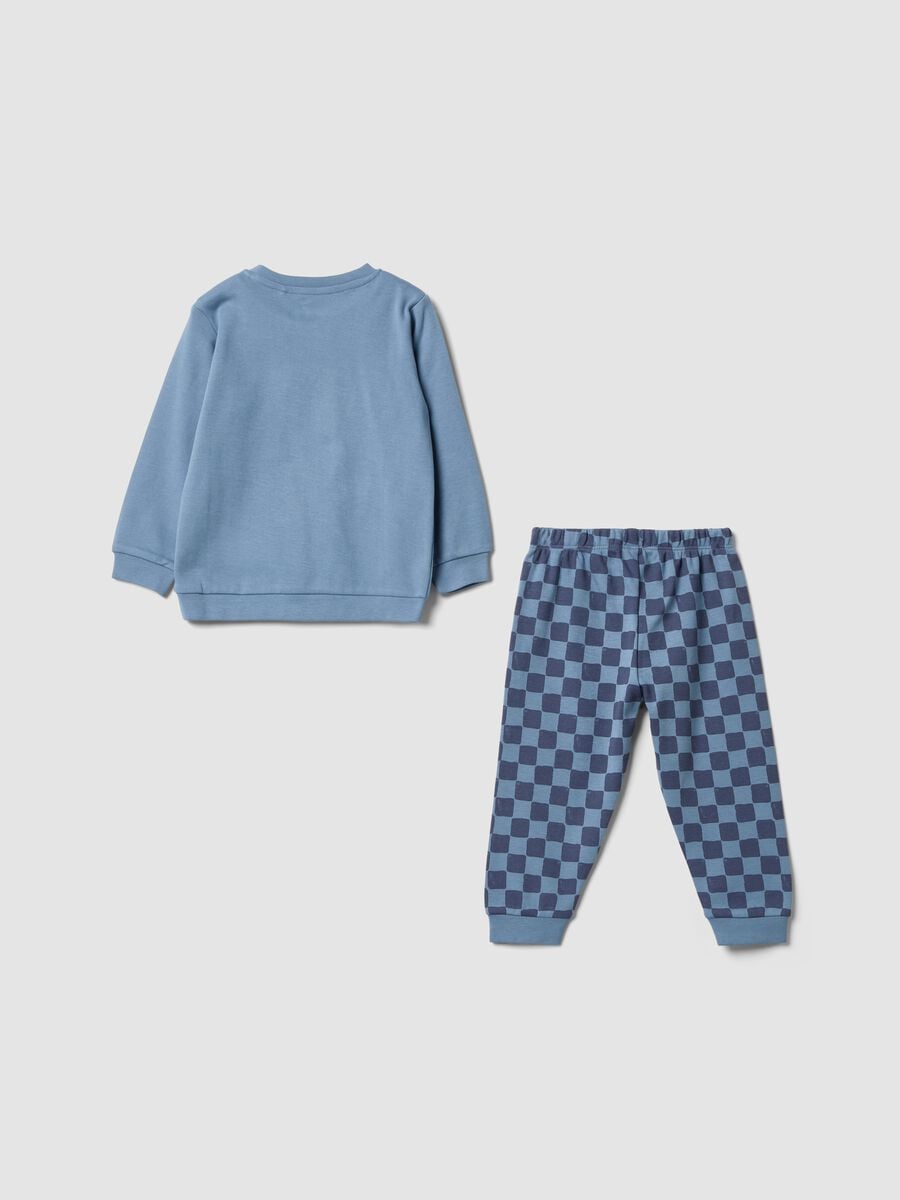 Pigiama blu in puro cotone organico con pantaloni a quadri per neonato_1