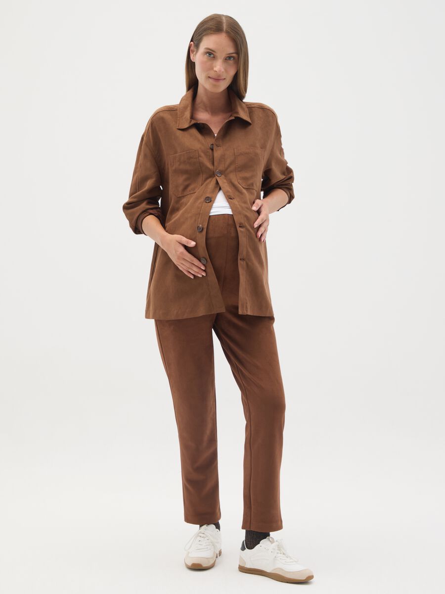 Brown Suede Maternity Shacket_0