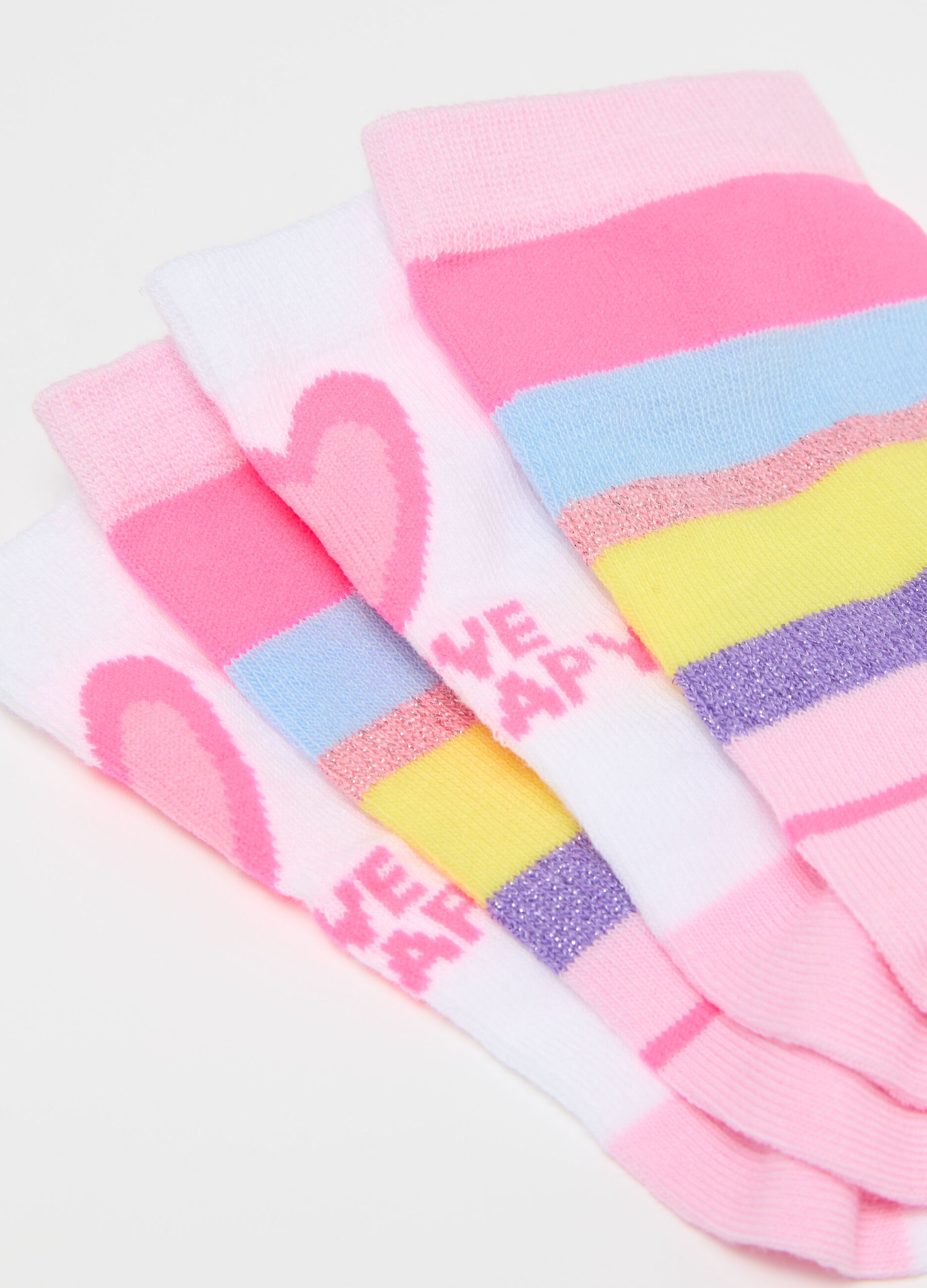 Three-pack stretch mid-length socks with stripes and flowers