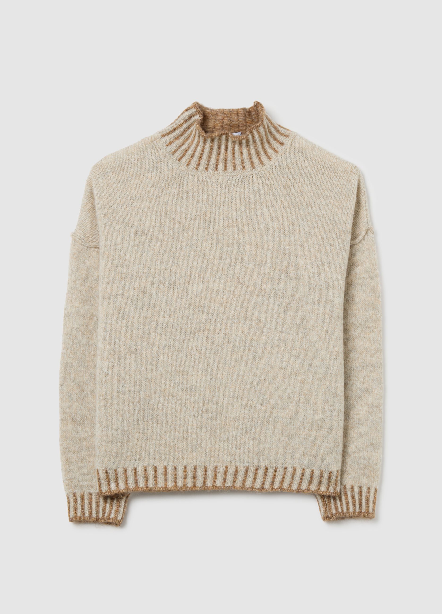 Beige sweater with high neck and contrasting edges