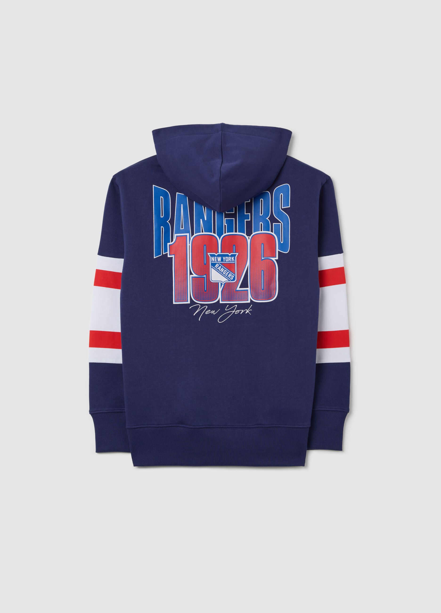 Blue and red New York Rangers full-zip sweatshirt with hood