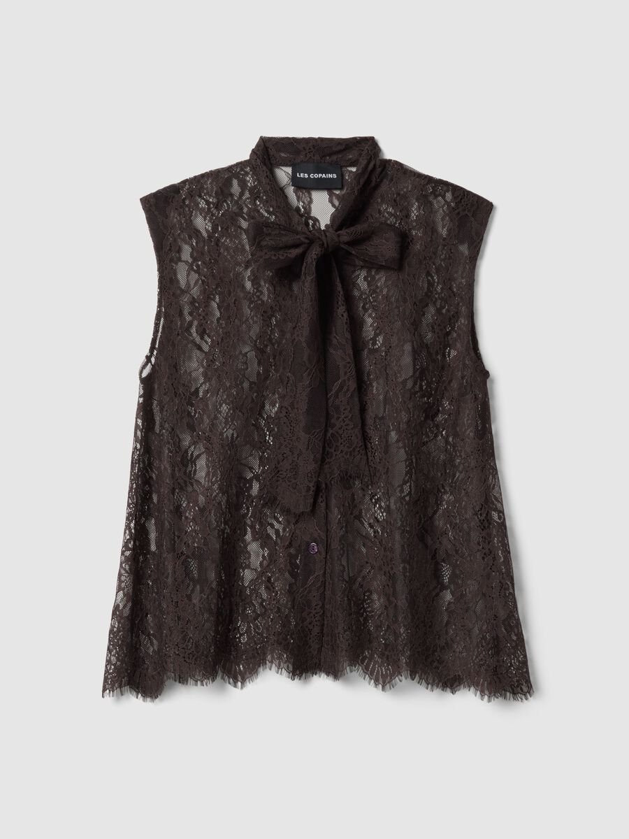 Regular fit brown lace tank top with bow_4