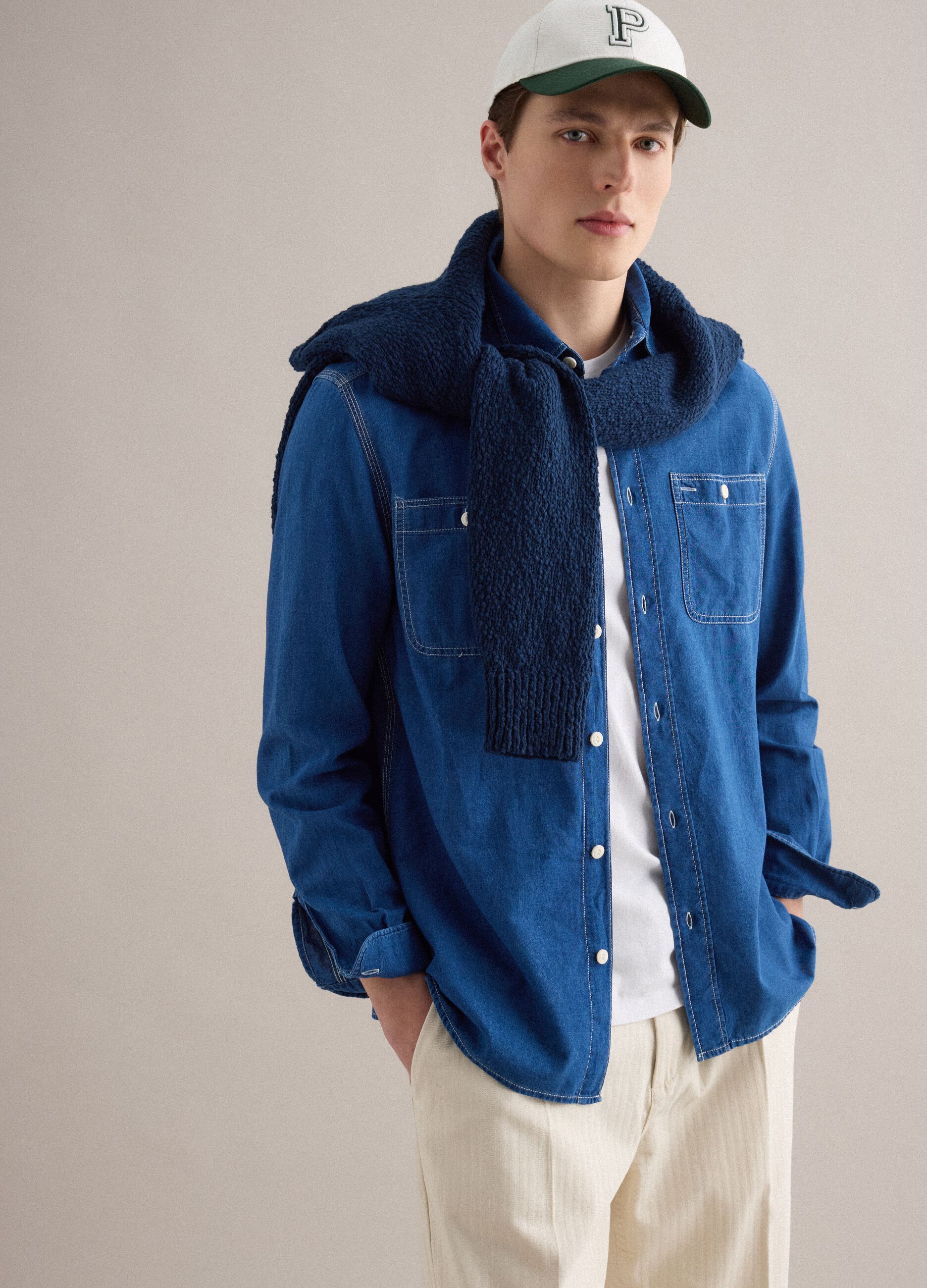 Blue denim pure cotton shirt regular fit with pockets