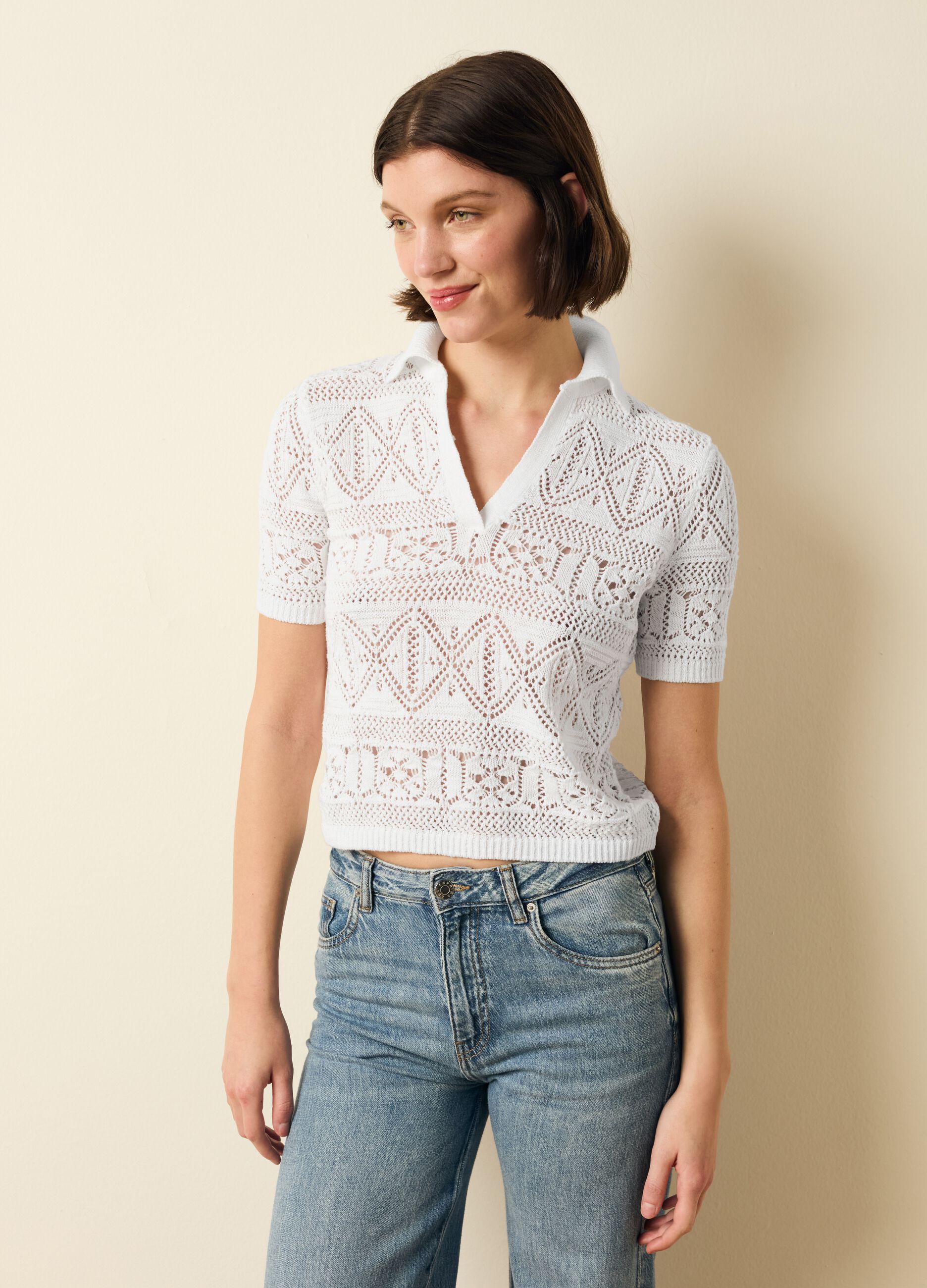 Crochet top with polo neck