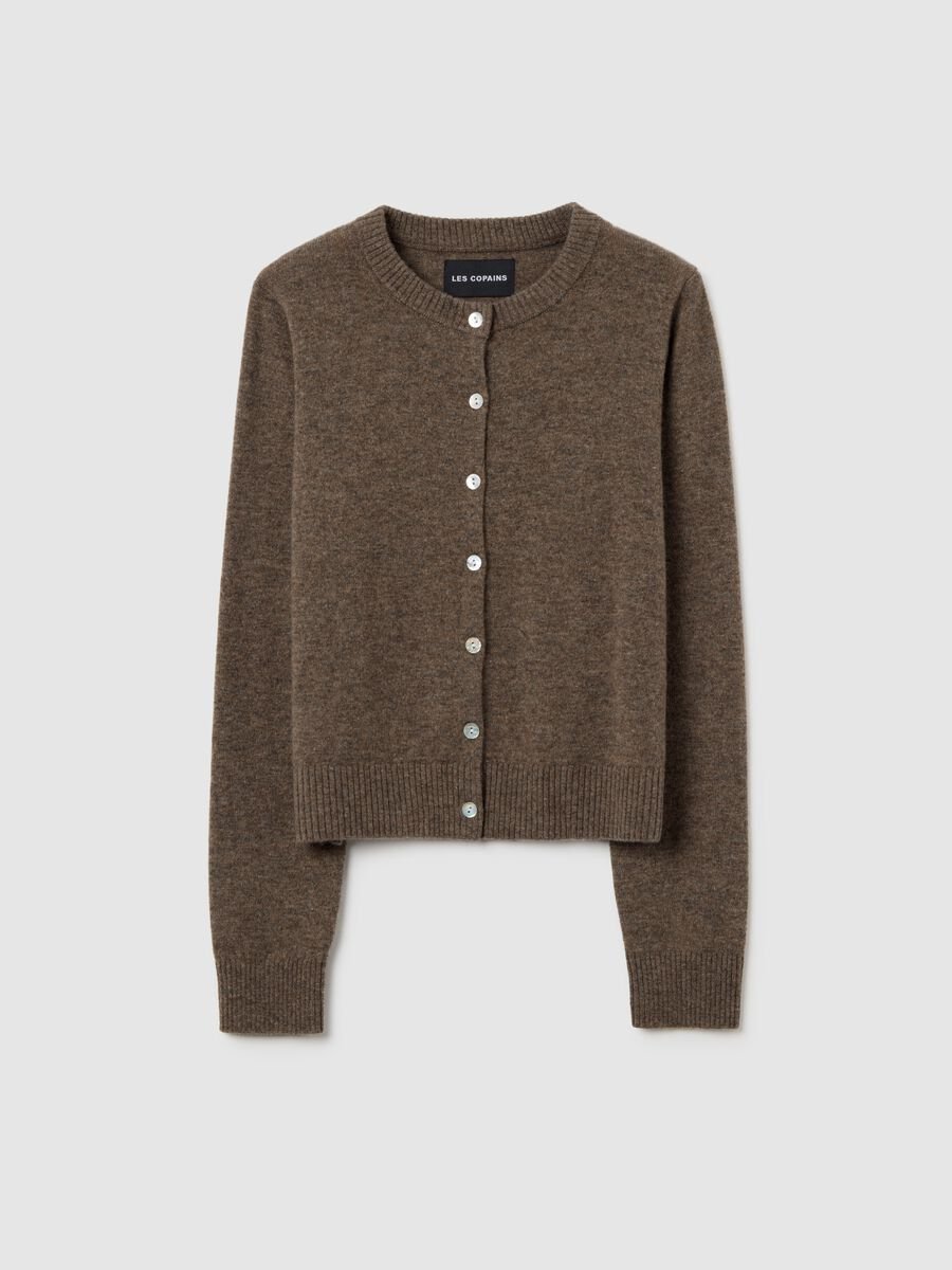 Brown crew neck cardigan in pure wool regular fit_4