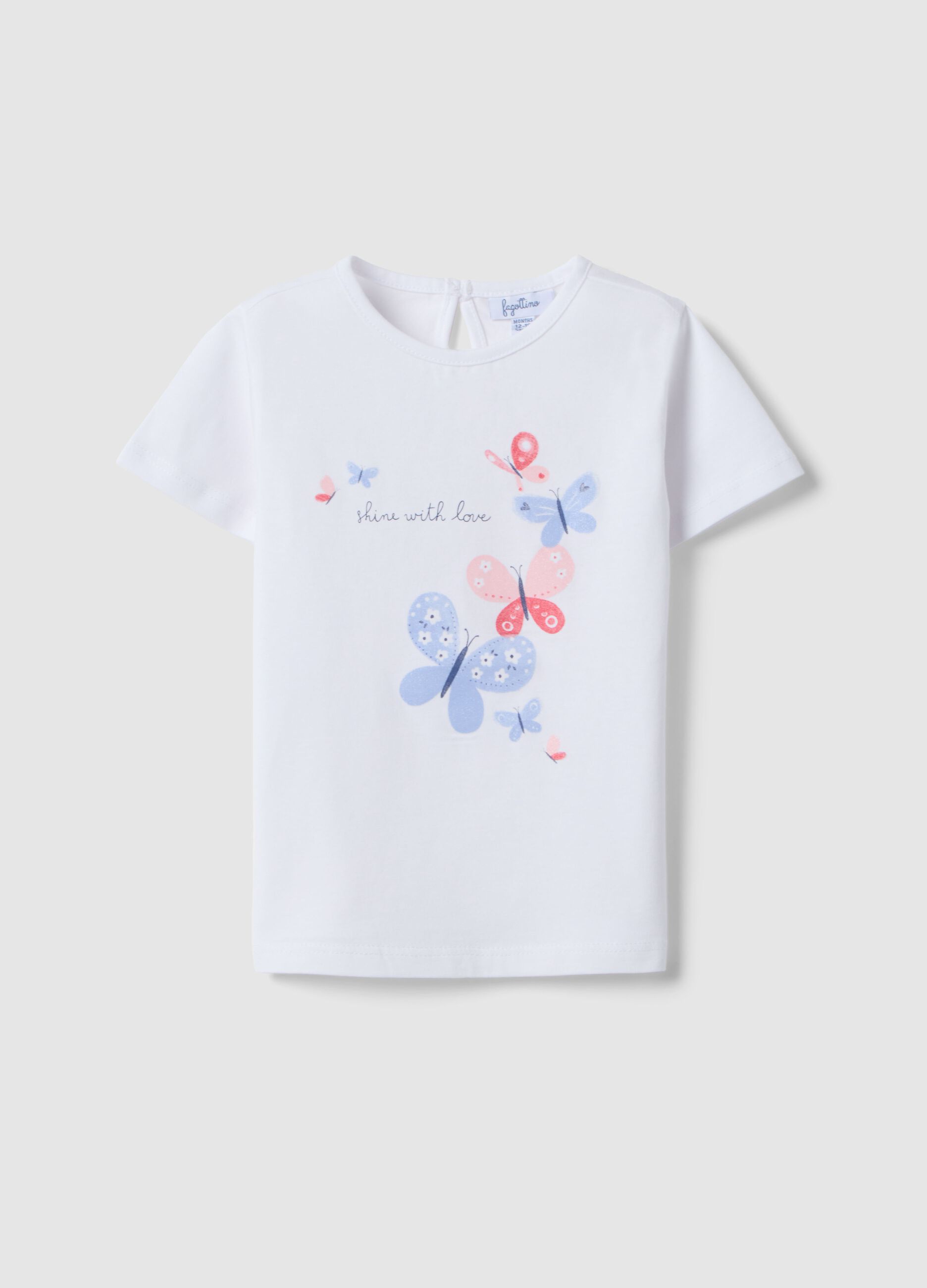 White pure cotton girls' t-shirt regular fit with butterflies