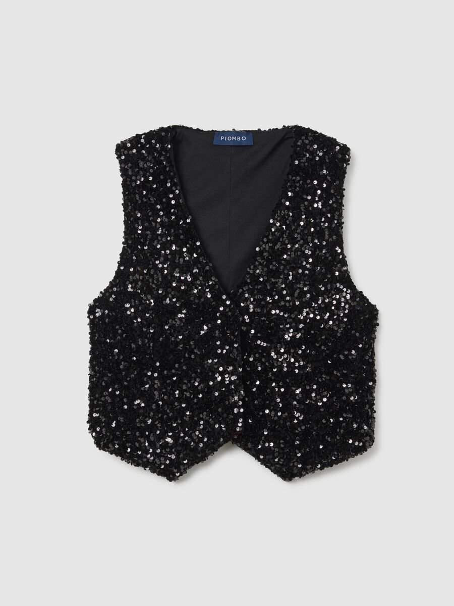 Black regular fit waistcoat with sequins_4