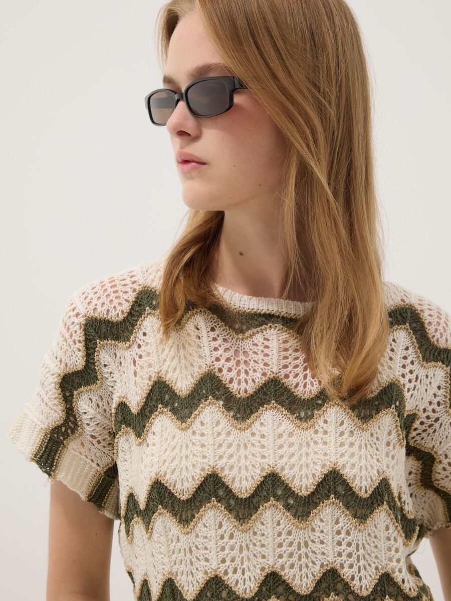 Beige open-knit stretch cotton top_0