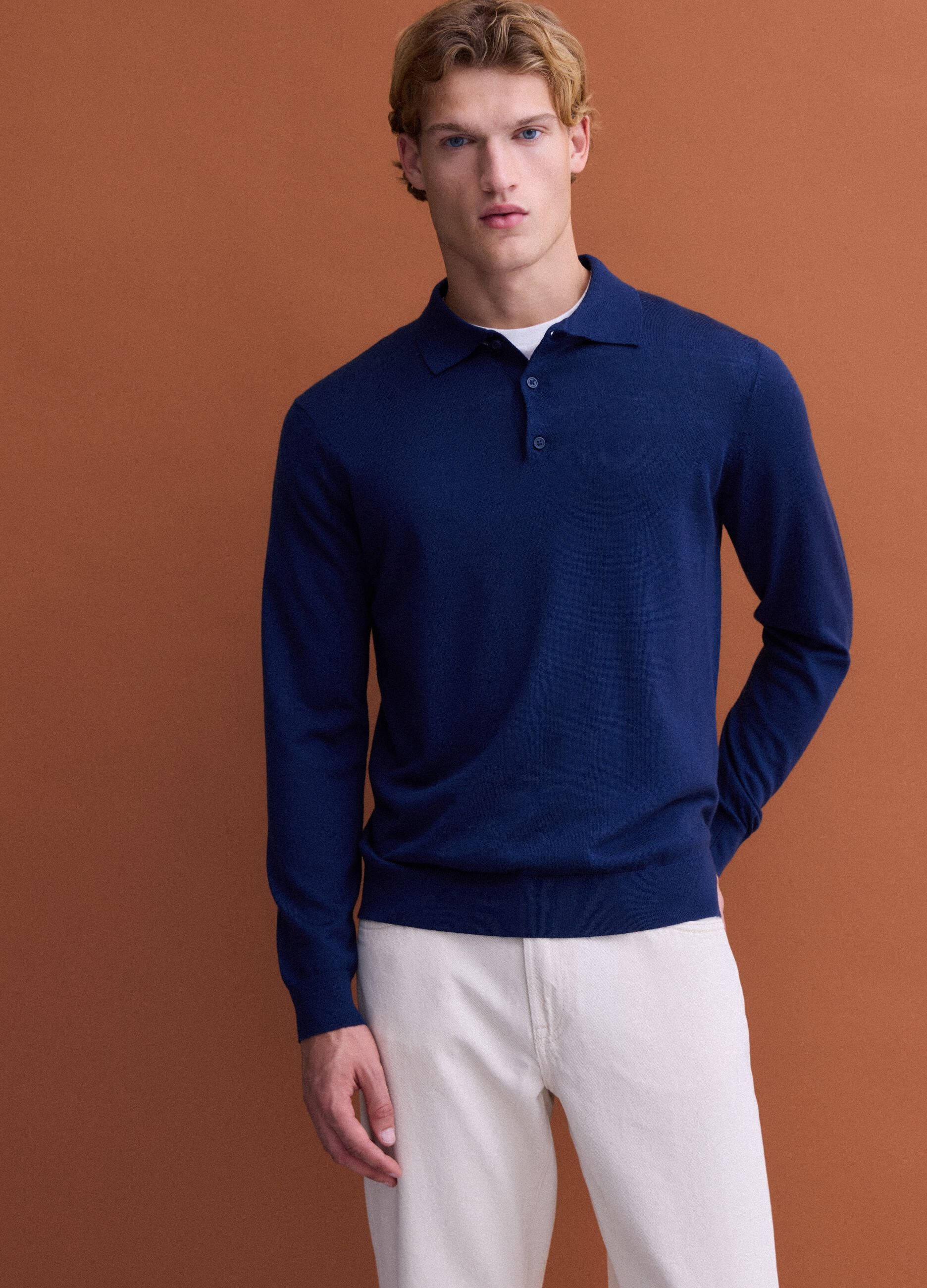 Blue pure merino wool polo jumper with polo collar