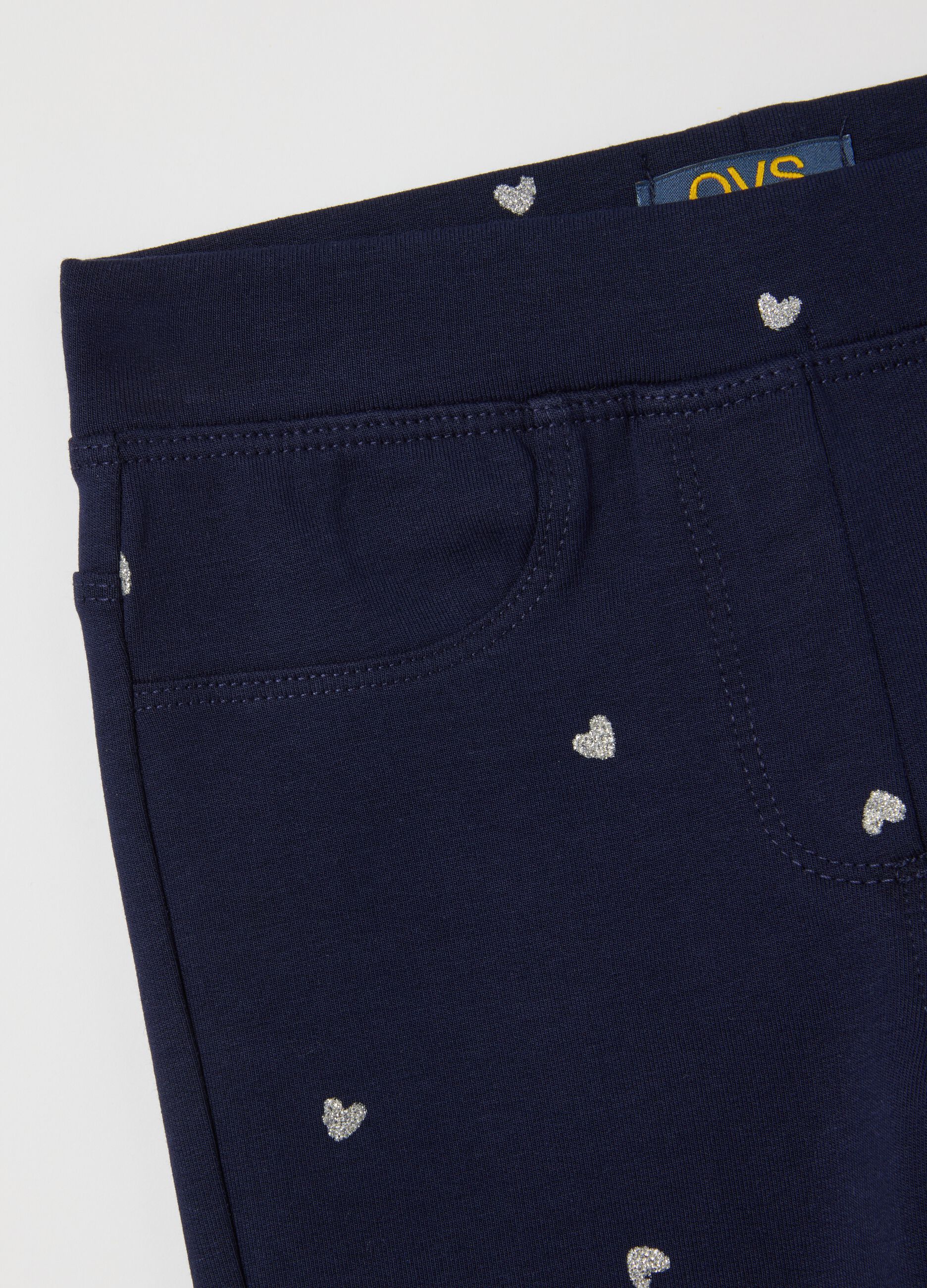 Girls' blue cotton flare trousers with hearts