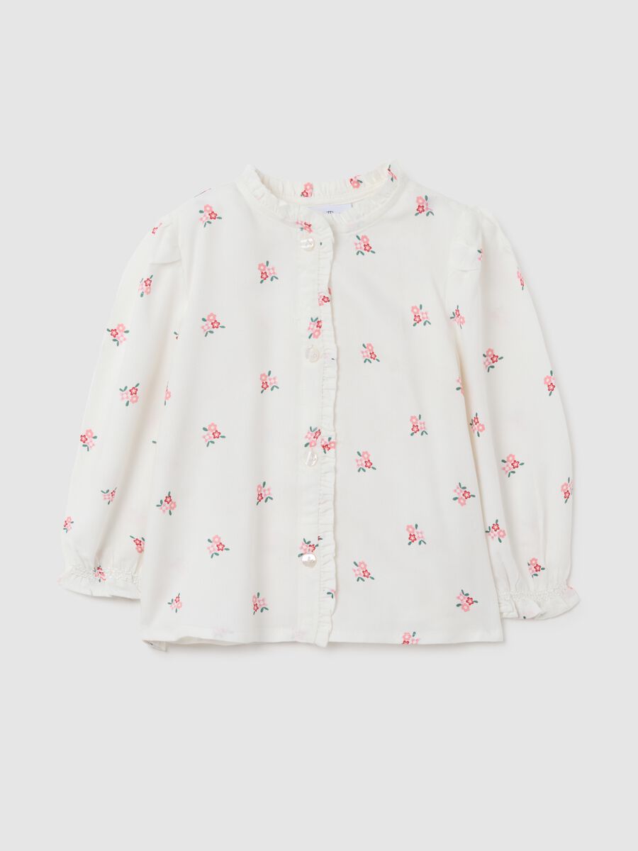 Camicia da neonata in puro viscosa bianca regular fit con rouches_0