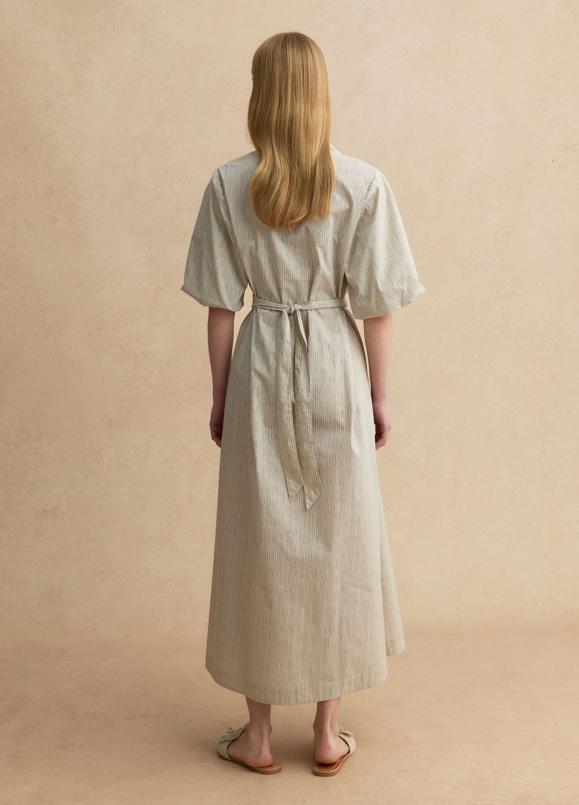 Beige striped pure cotton maxi dress, regular fit with V-neck