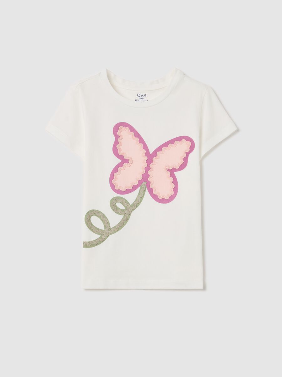 Stretch cotton T-shirt with butterfly flower print_0