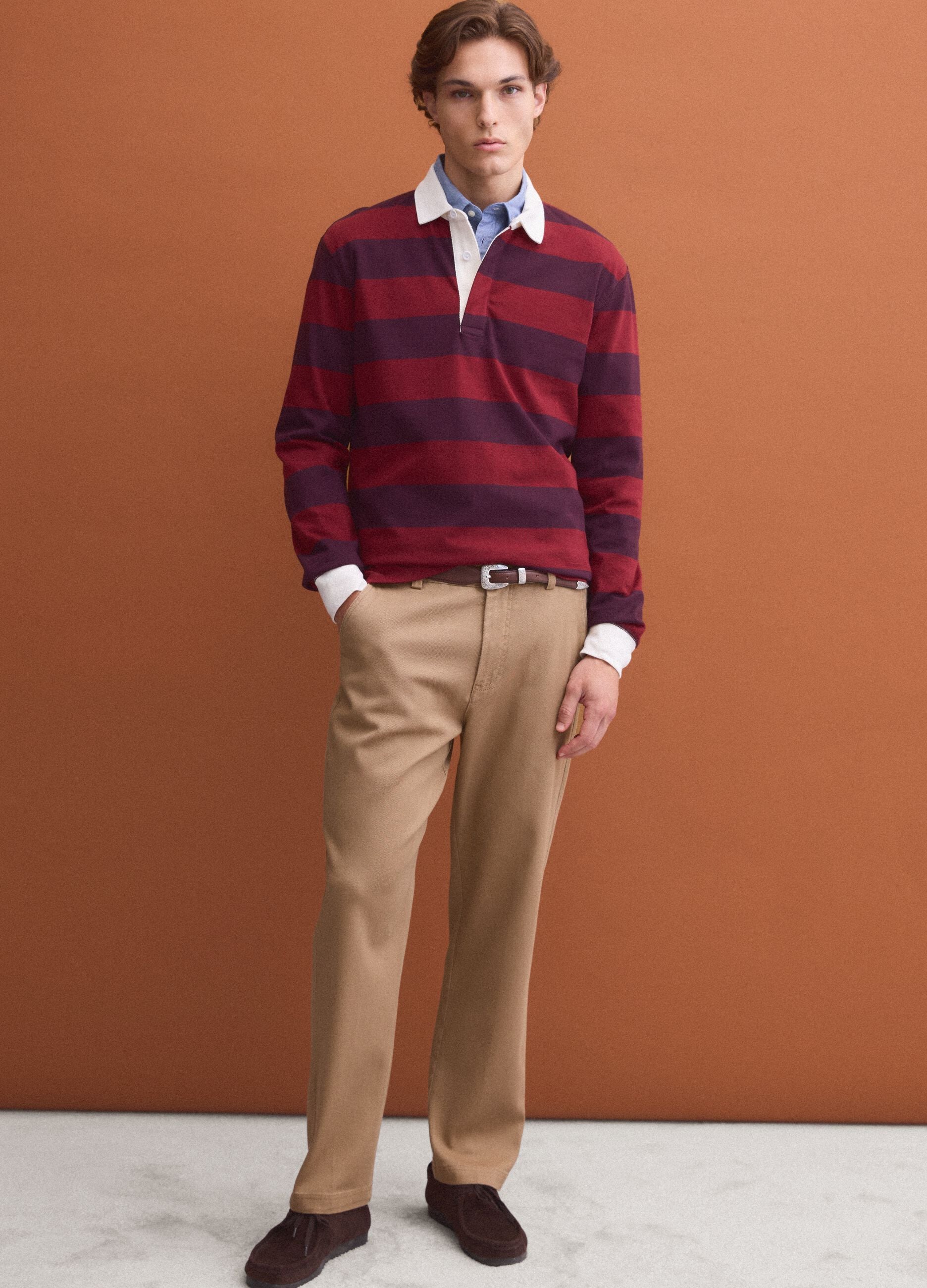 Red pure cotton striped long-sleeve rugby polo, regular fit