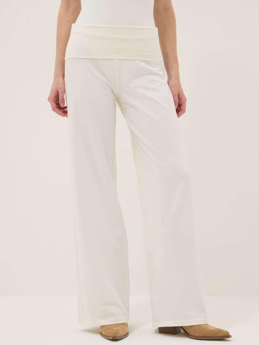 White wide leg stretch cotton jogger trousers_1