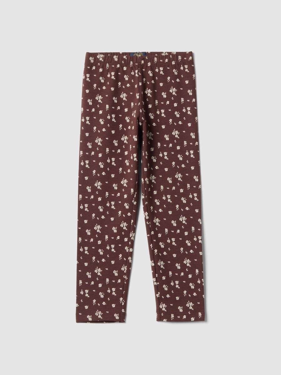 Leggings marroni in cotone organico elasticizzato a fiori_0