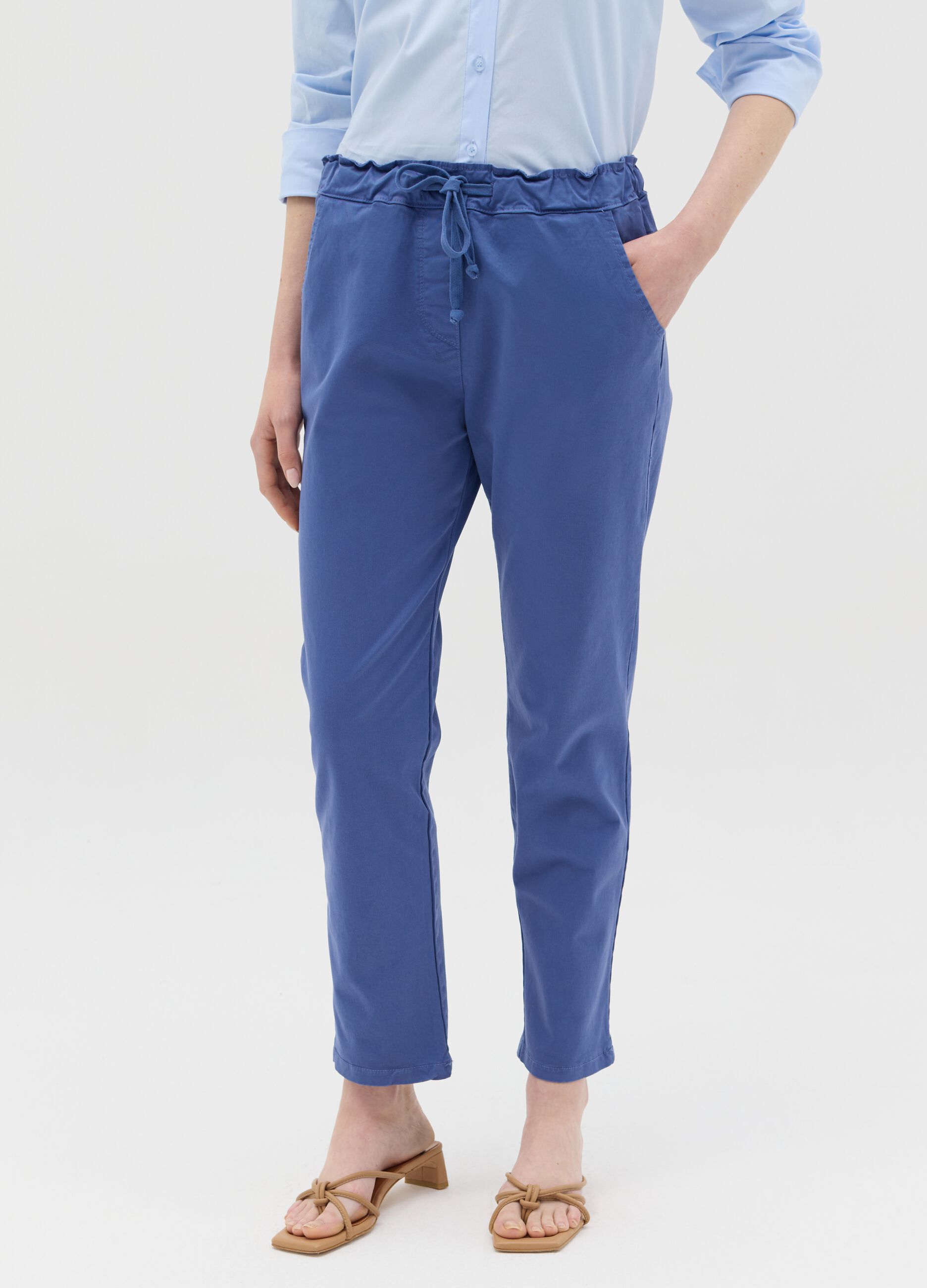 Blue stretch cotton trousers with drawstring