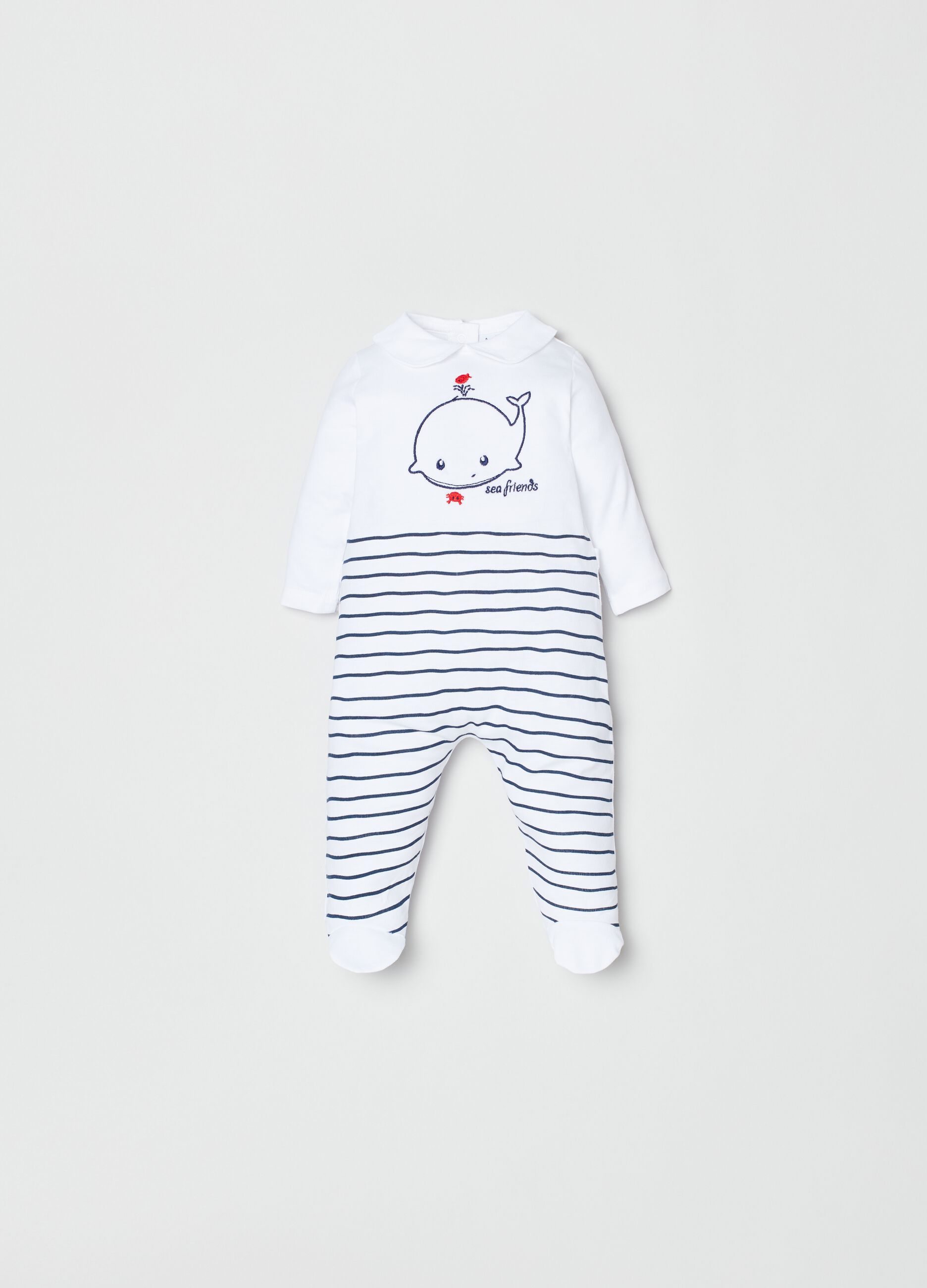 Onesie with feet and embroidered whale