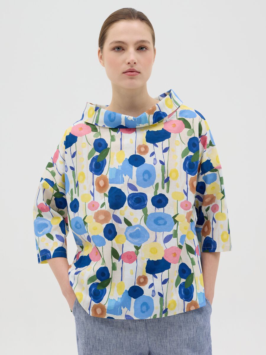 Multi-colour floral stretch cotton blouse_0