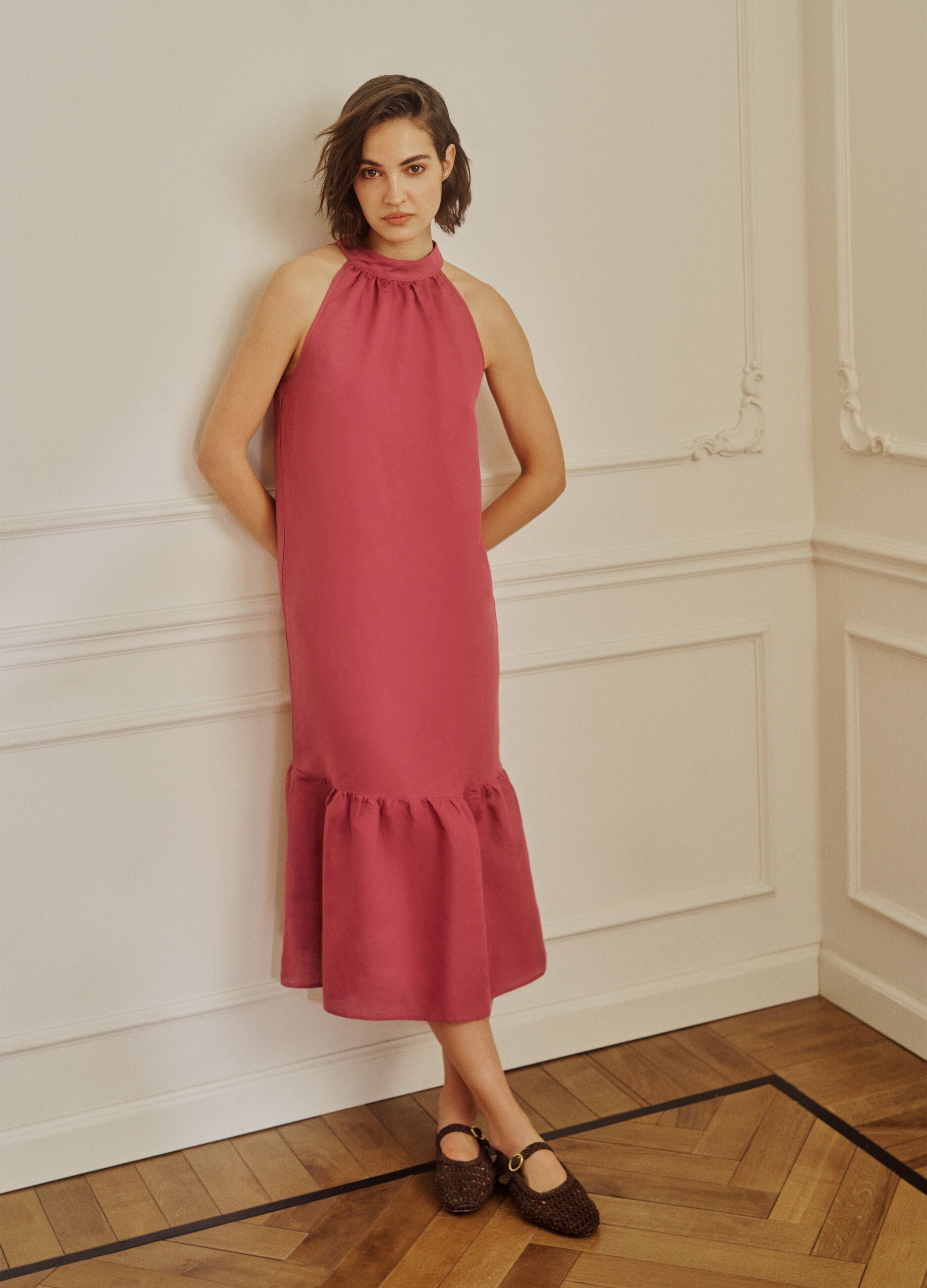 Pink linen-viscose blend halterneck dress, regular fit