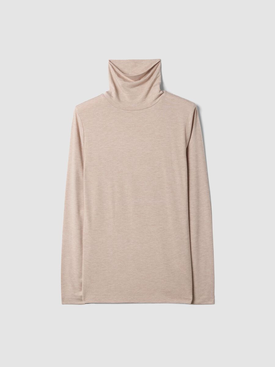 Beige stretch viscose top with mock neck, regular fit_4