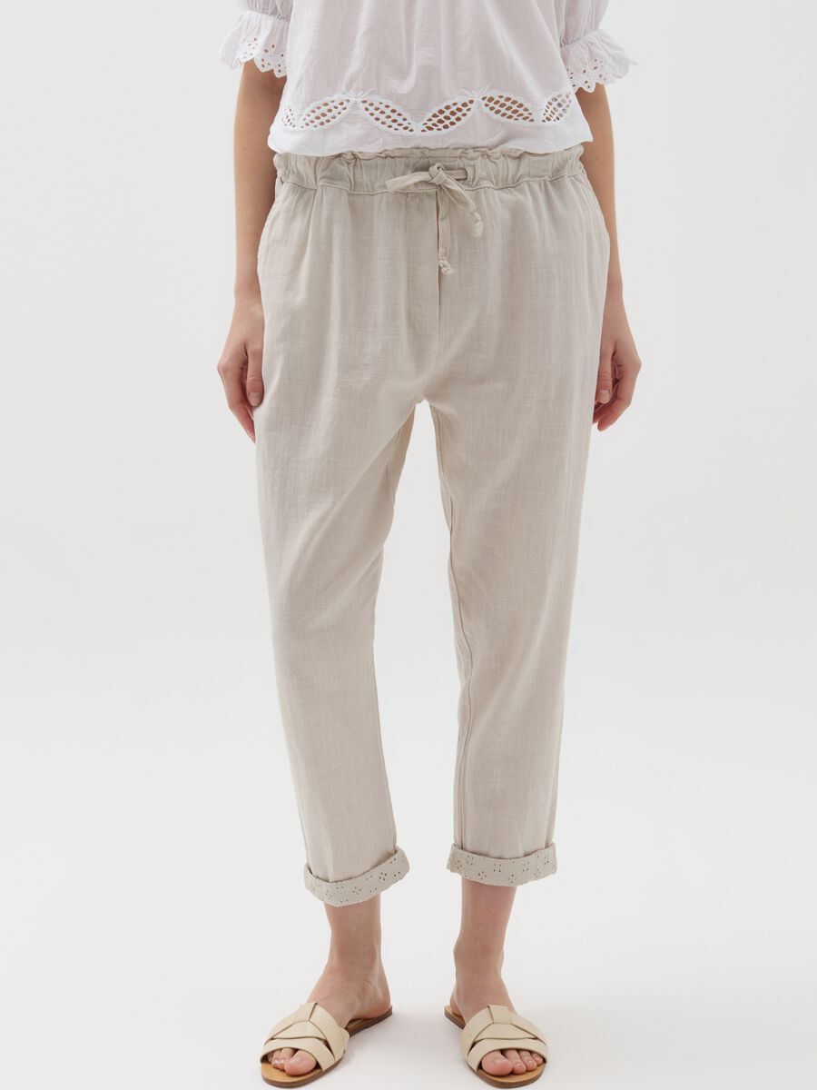Crop joggers with turn ups in broderie anglaise_1