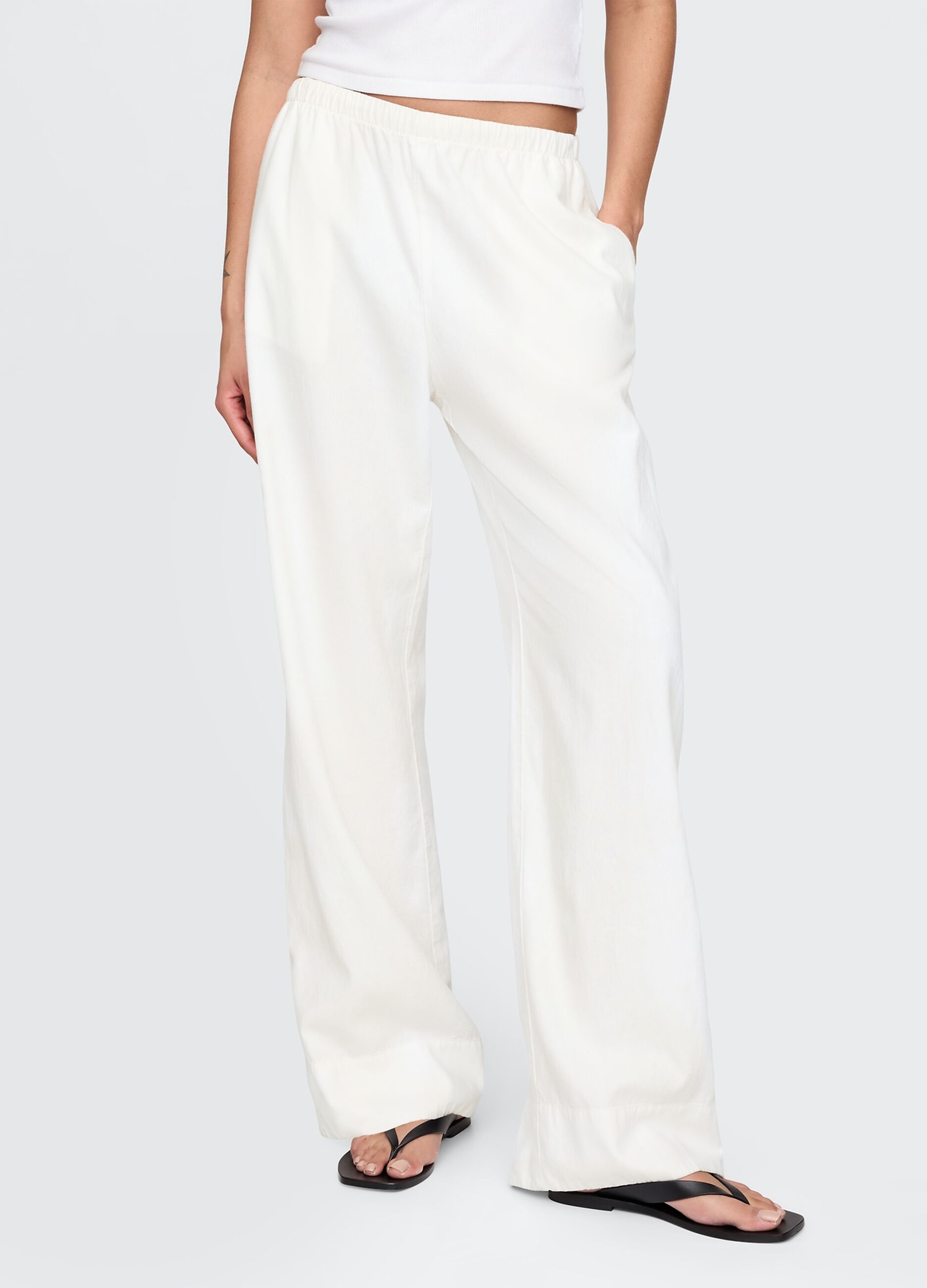 Wide White Linen and Viscose Trousers