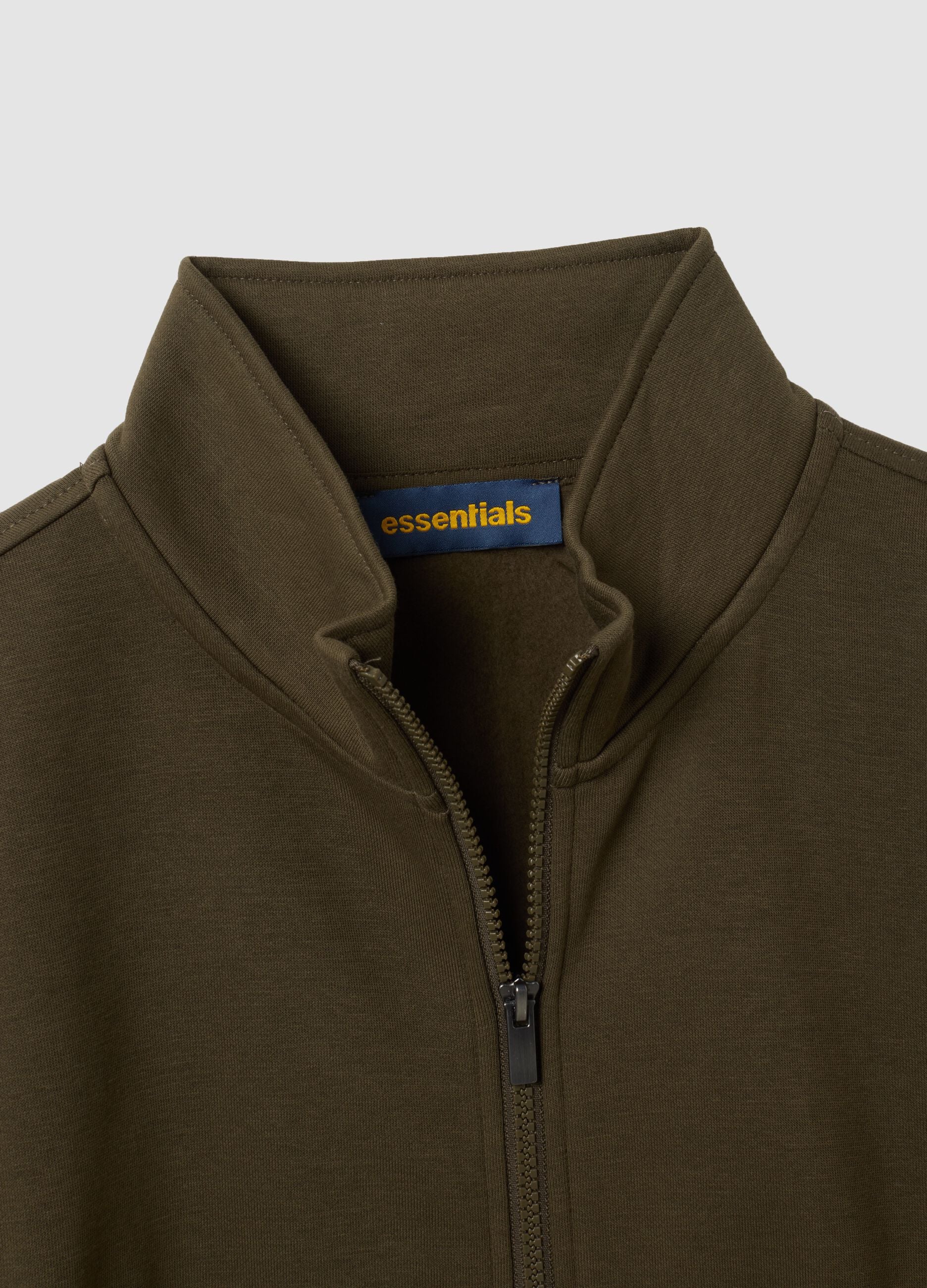 Green cotton-blend sweatshirt with crew neck and zip, regular fit