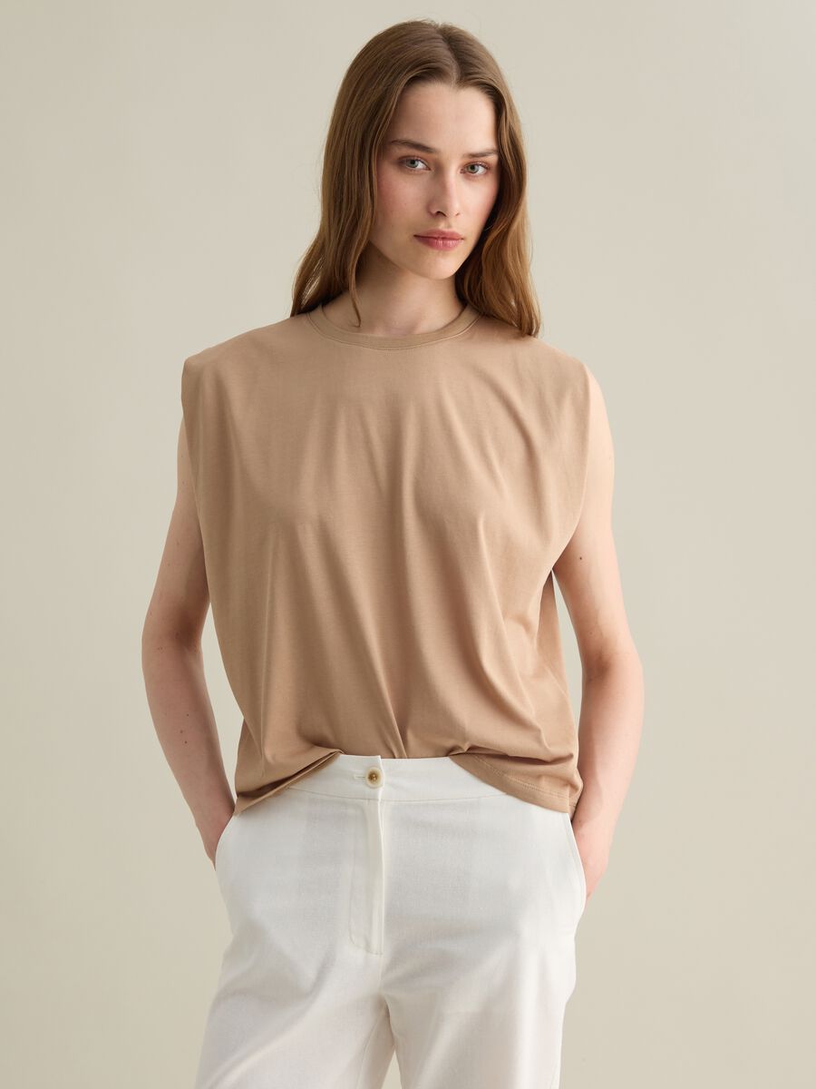 Beige short sleeve t-shirt in cotton and polyester blend_0