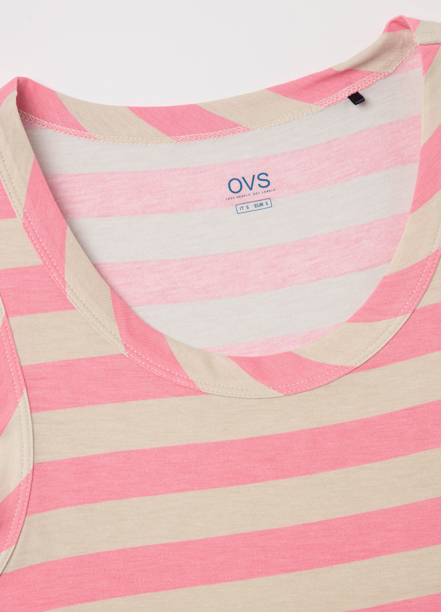Pink and beige striped tank top in stretch viscose