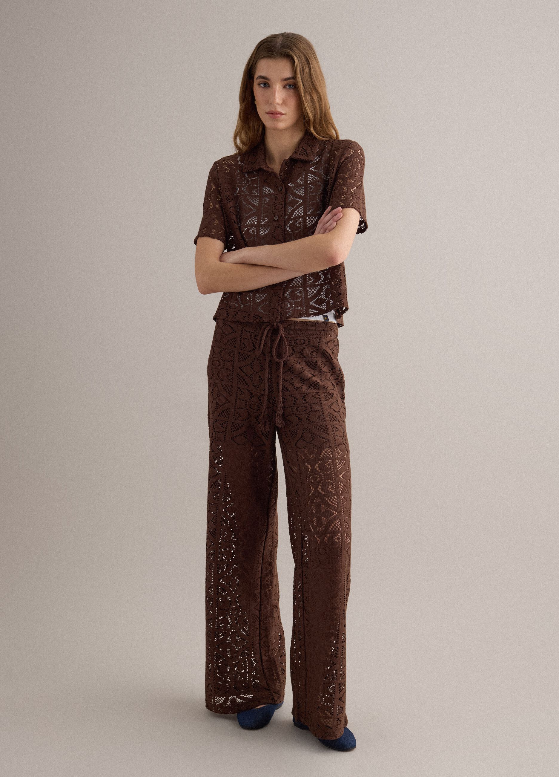 Brown open-knit short-sleeve polo shirt, regular fit