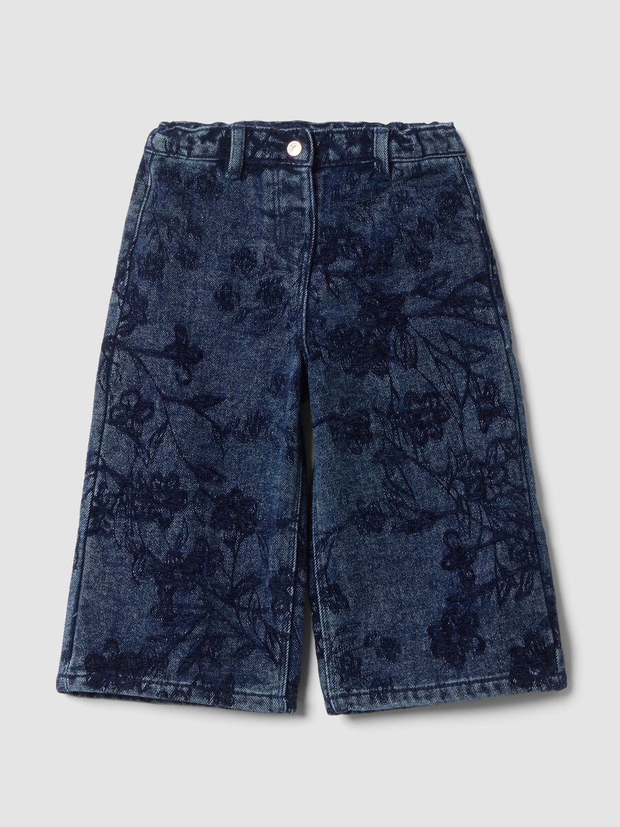 Blue cotton-blend wide-leg jeans with floral print_0
