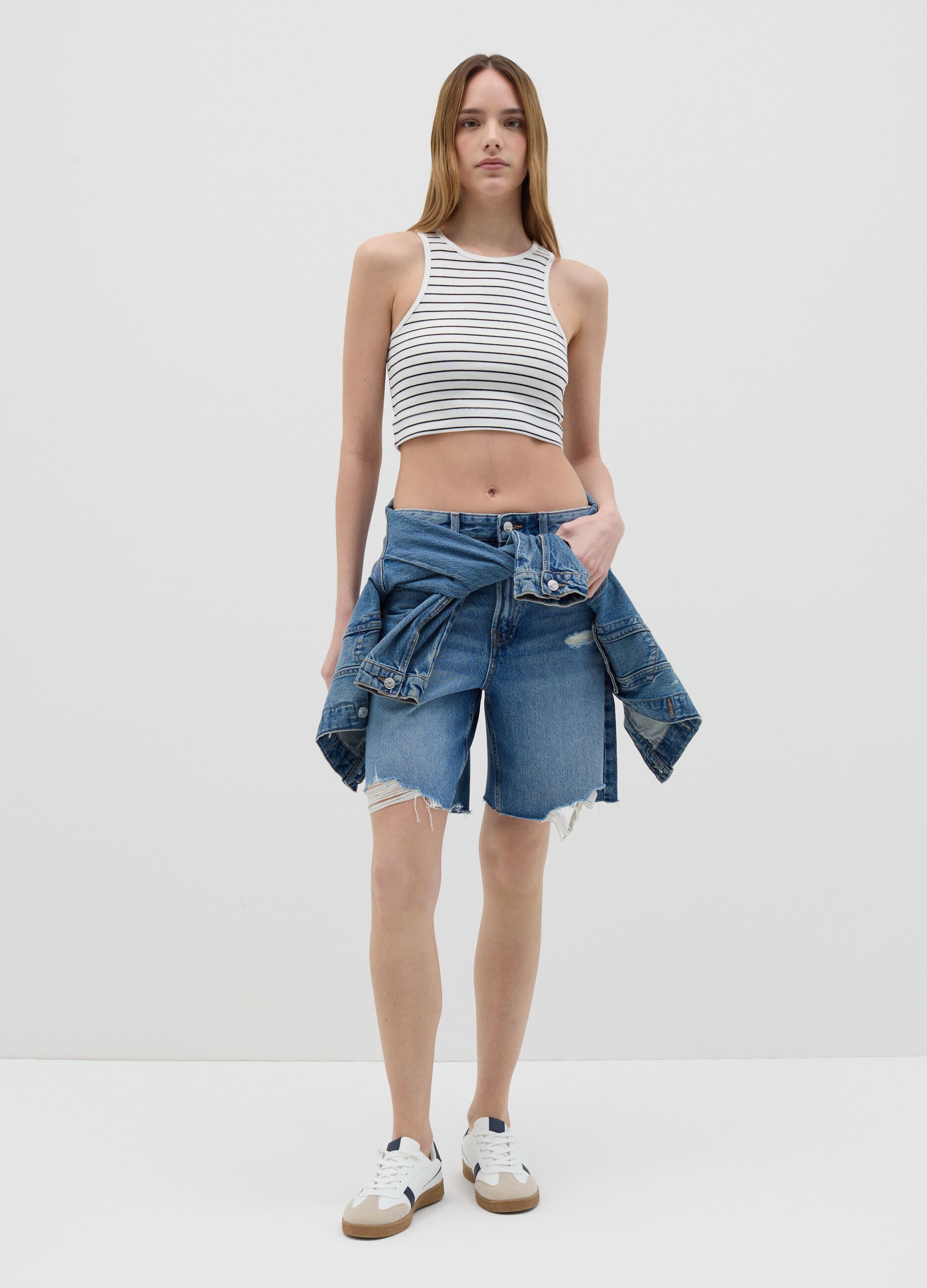 B.Angel Black and White Striped Crop Top