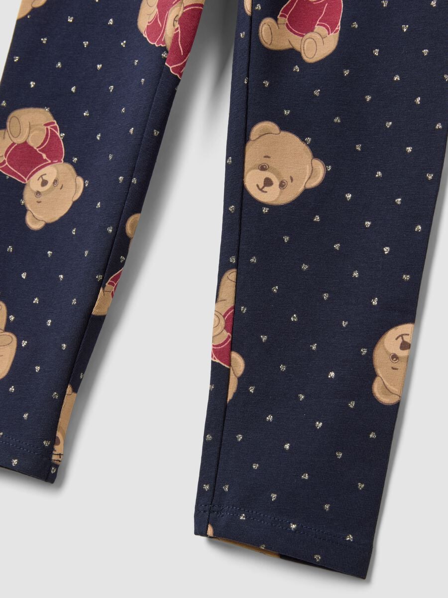 Leggings blu in cotone organico elasticizzato con stampa orsetti per bambina_3