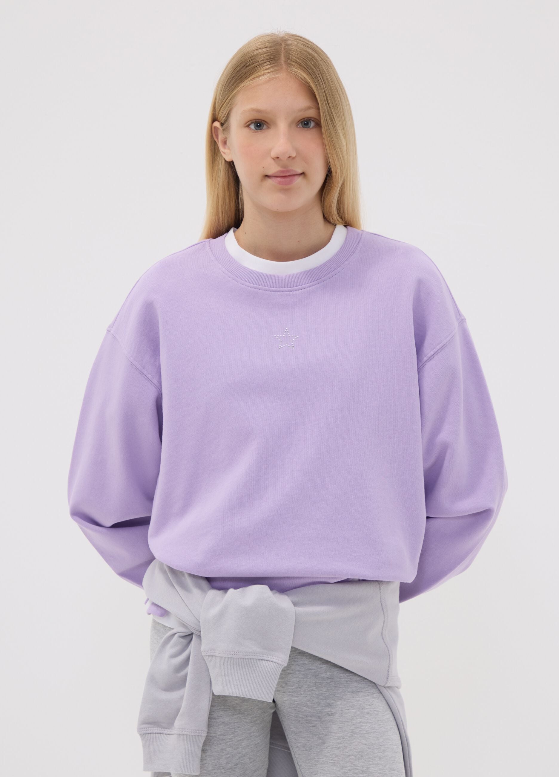 Purple pure cotton sweatshirt with star for girls, relaxed fit