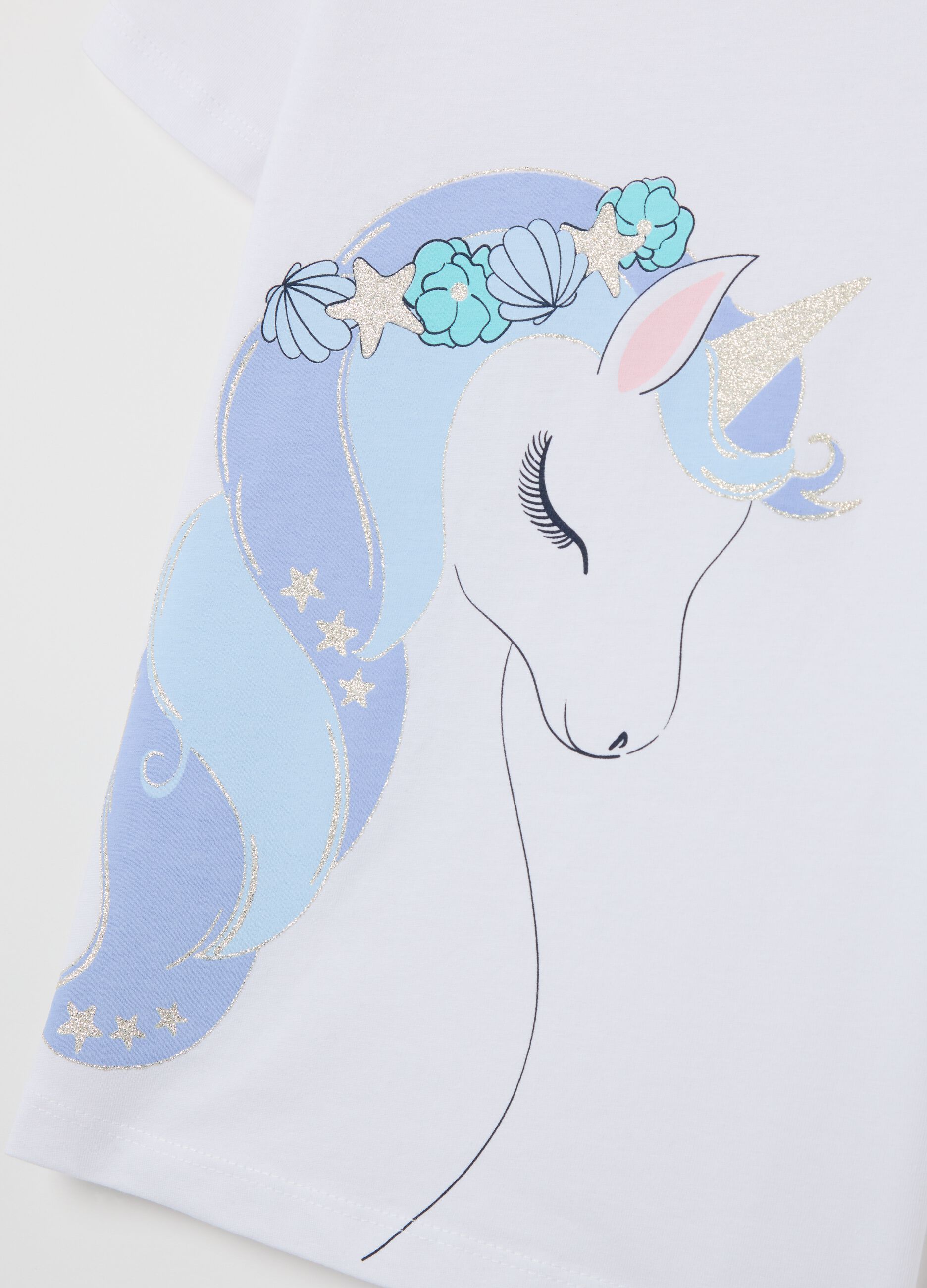 White cotton T-shirt with glitter print