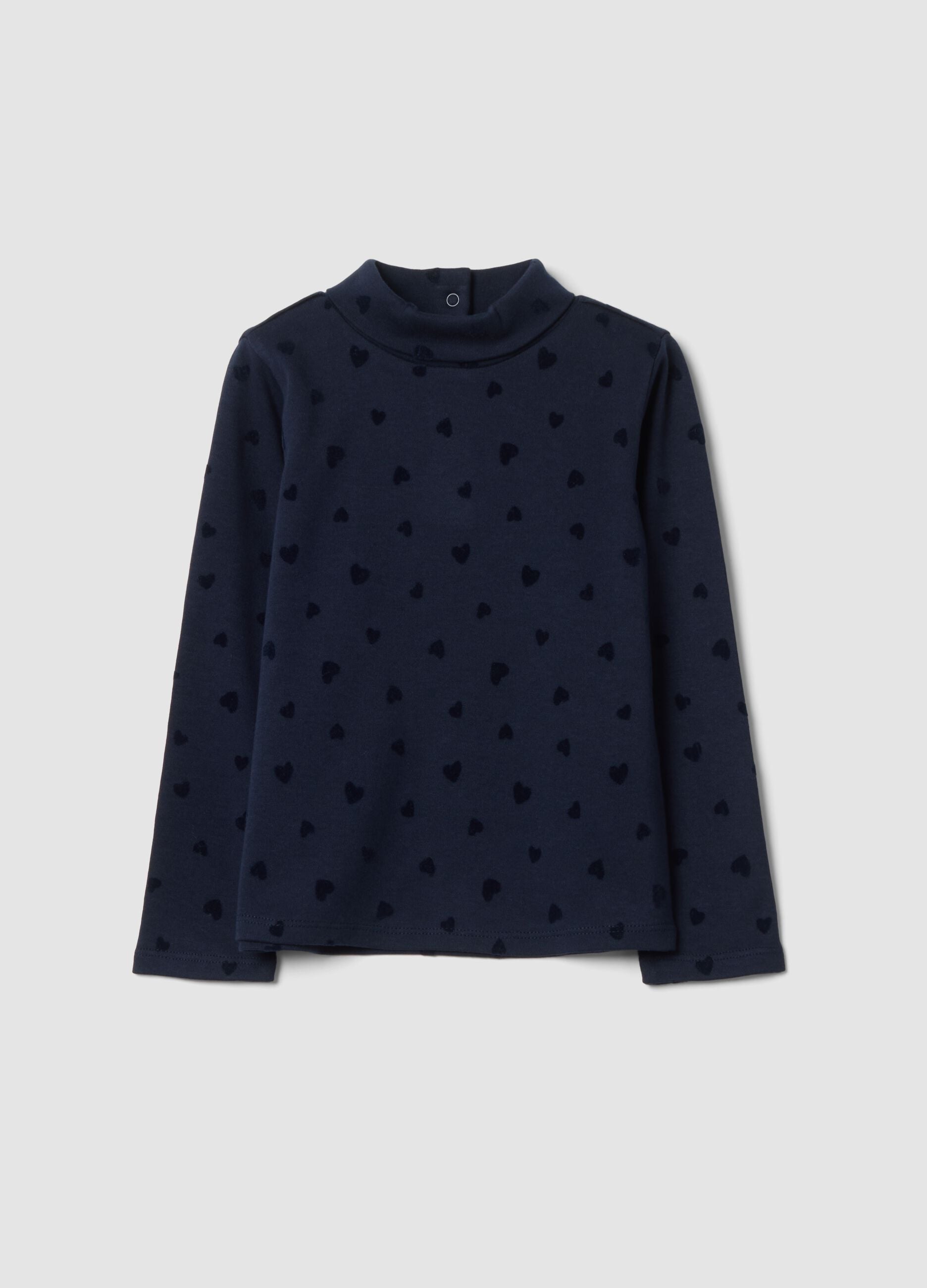 Maglia blu notte dolcevita in puro cotone a cuori